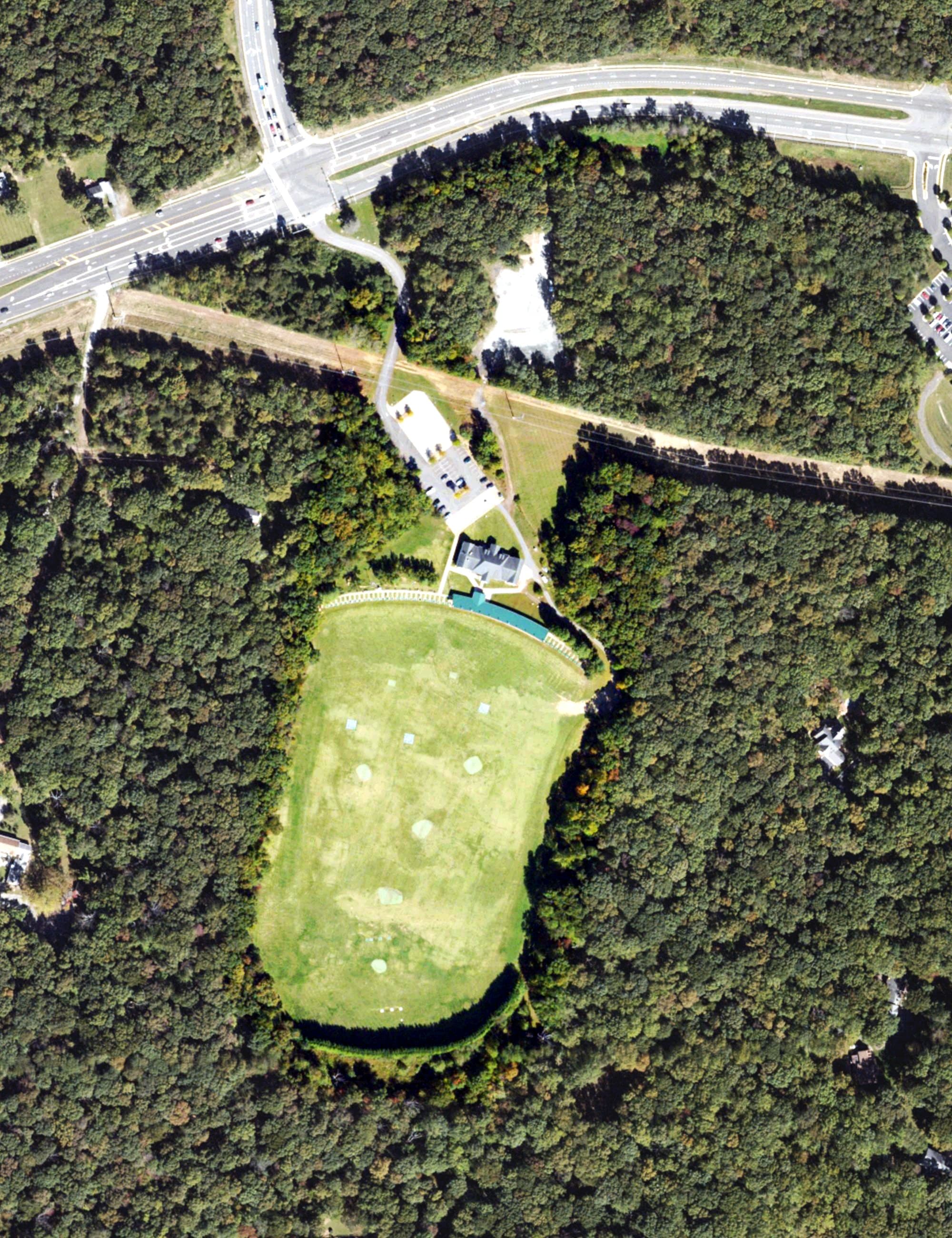 Aerial view of Four Seasons Golf Center, VA, with its hole routing marked