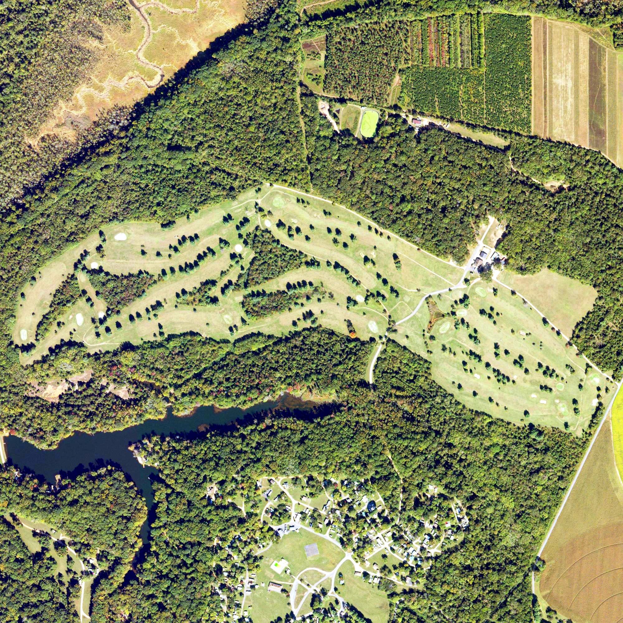 Aerial view of Four Winds Golf Course, VA, with its hole routing marked