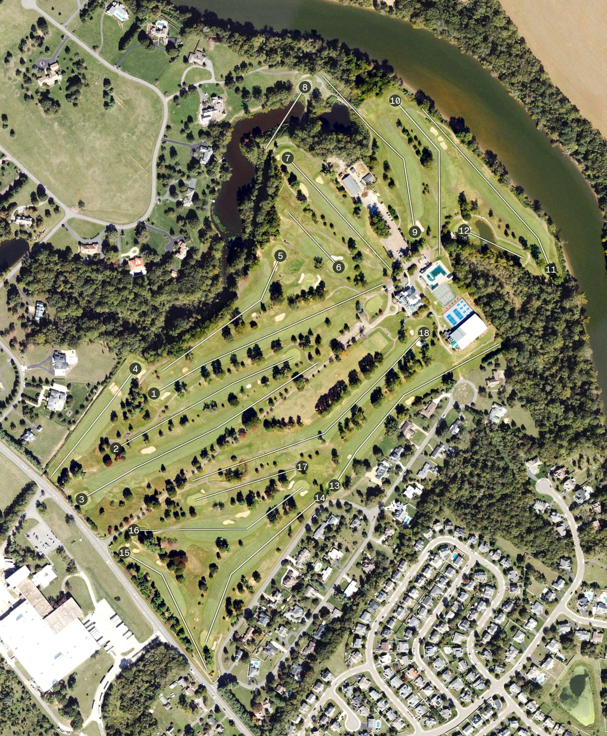 Aerial view of Fredericksburg Country Club, VA, with its hole routing marked