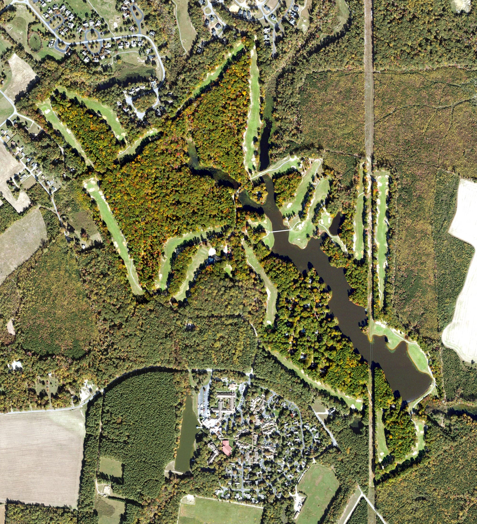 Aerial view of Golden Eagle Golf Club at The Tides, VA, with its hole routing marked