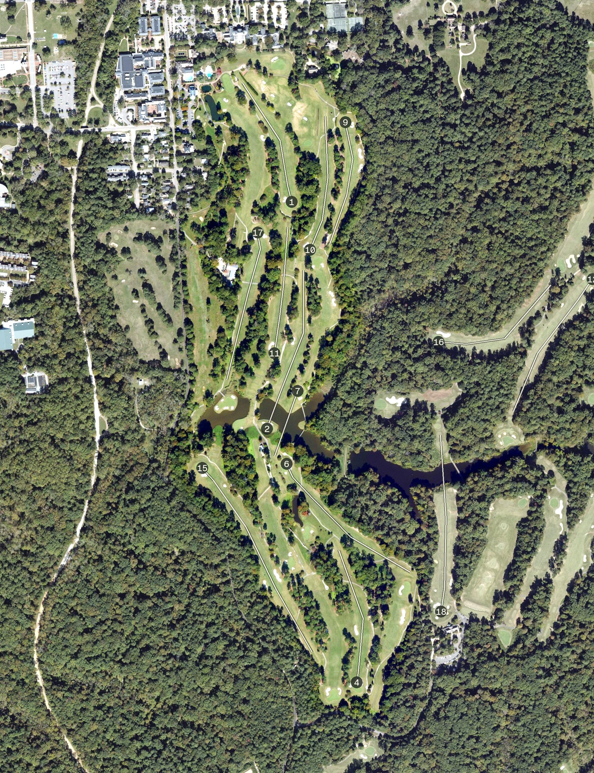 Aerial view of Golden Horseshoe Golf Club Gold Course, VA, with its hole routing marked