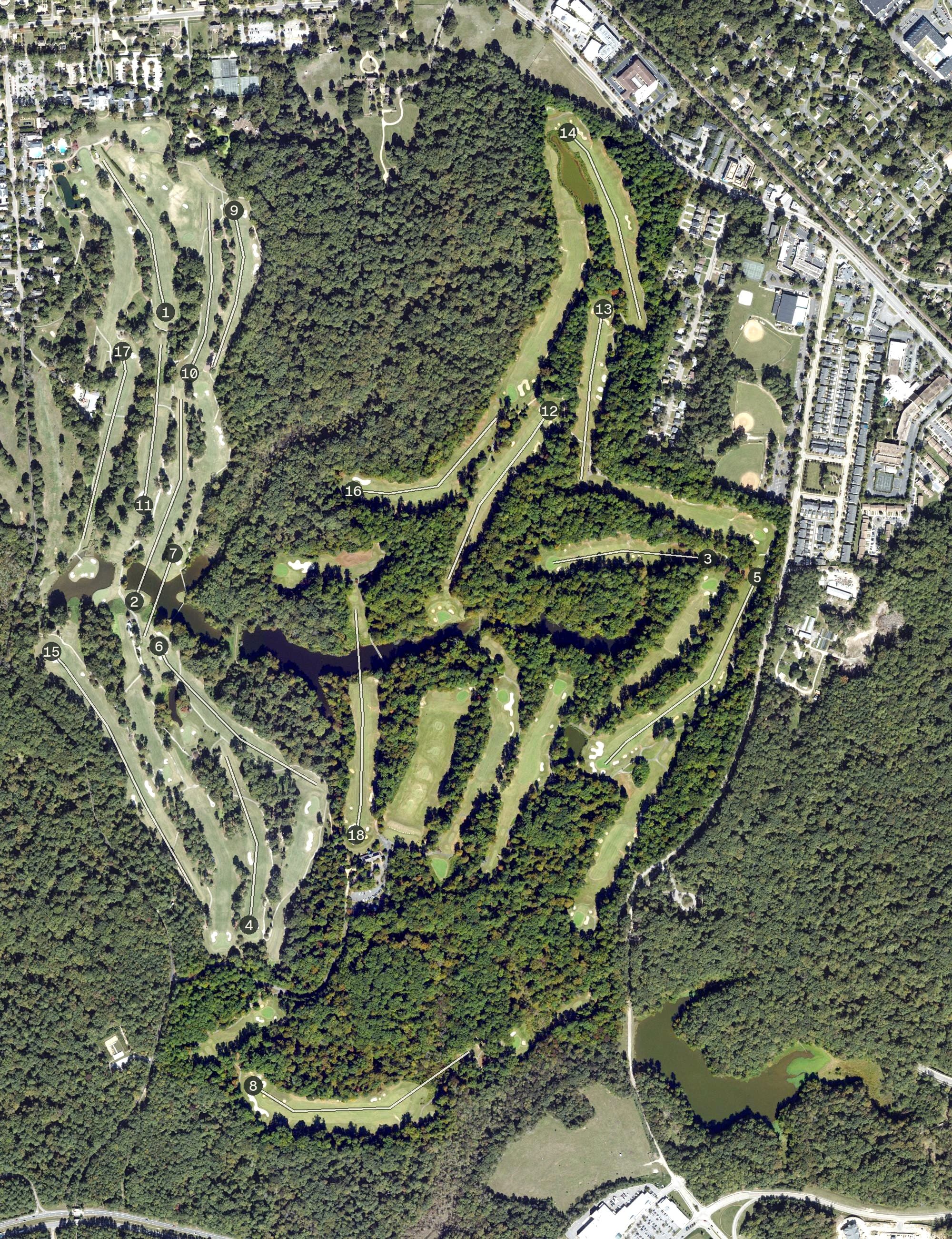 Aerial view of Golden Horseshoe Golf Club Green Course, VA, with its hole routing marked