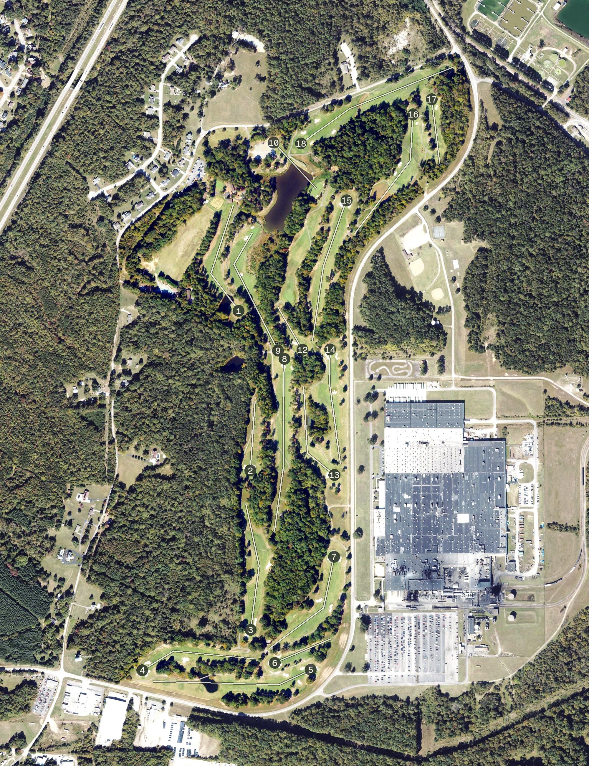 Aerial view of Goodyear Golf Club, VA, with its hole routing marked