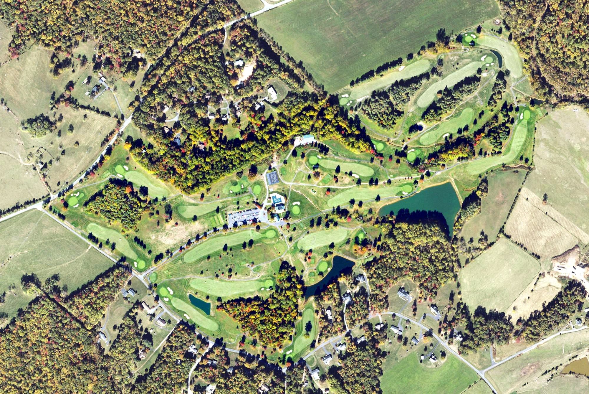 Aerial view of Green Hills Golf Course, VA, with its hole routing marked