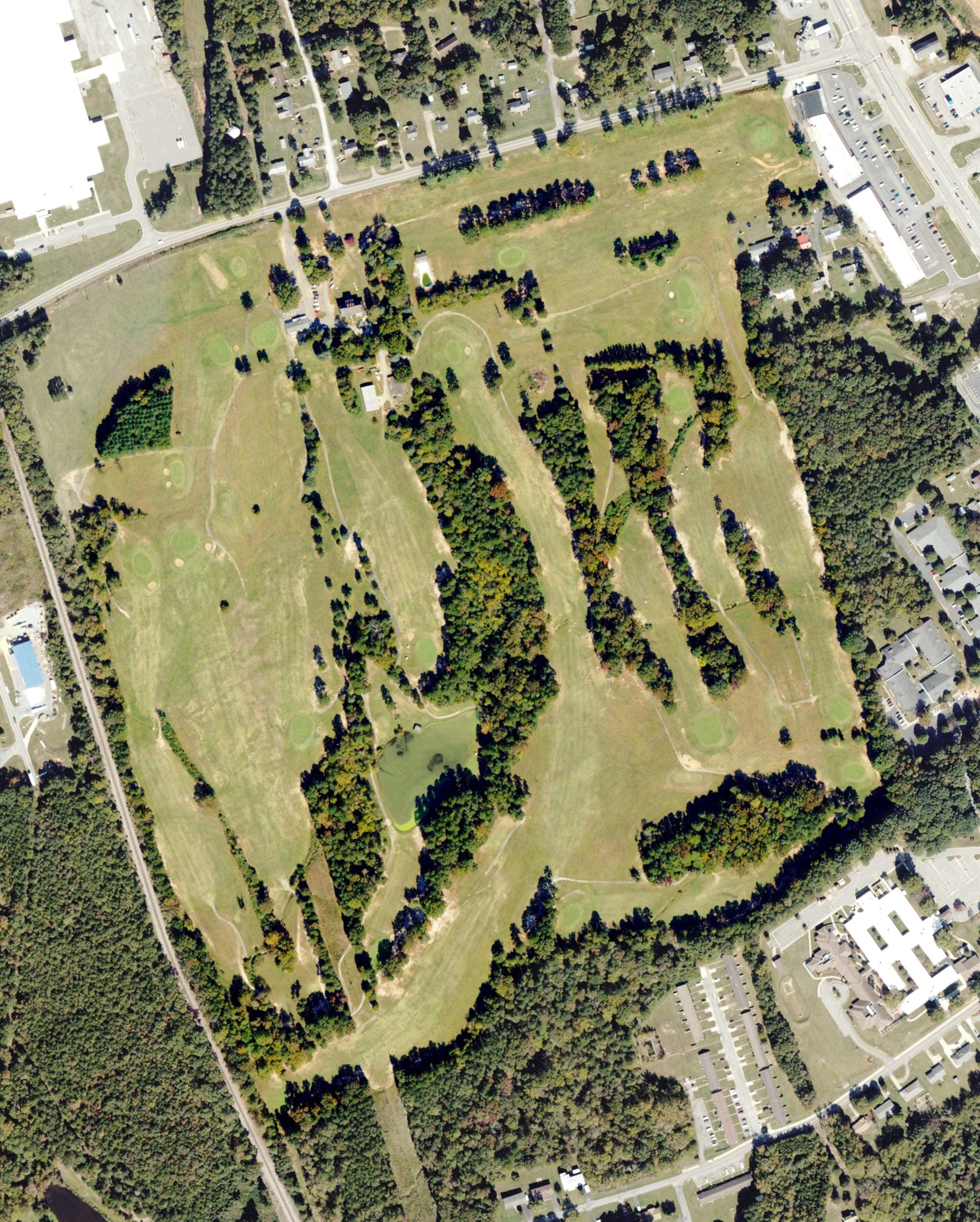 Aerial view of Green's Folly Golf Course, VA, with its hole routing marked