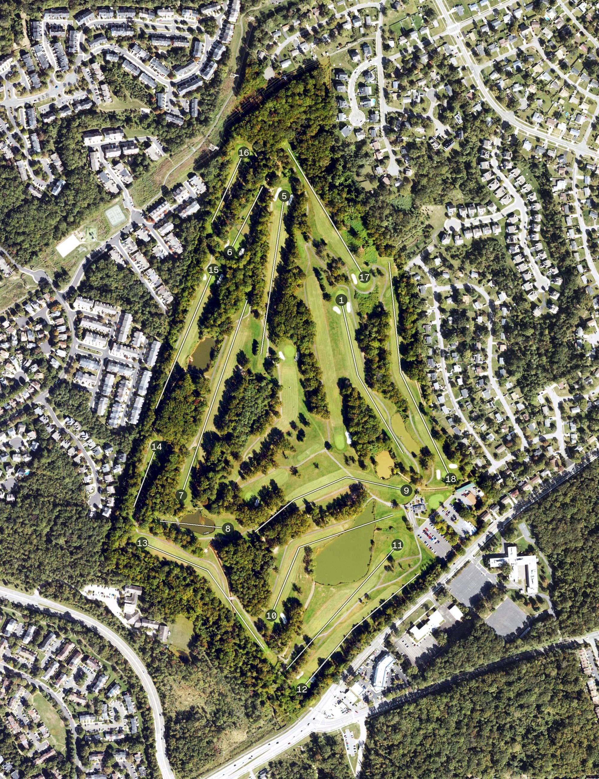 Aerial view of Greendale Golf Course, VA, with its hole routing marked