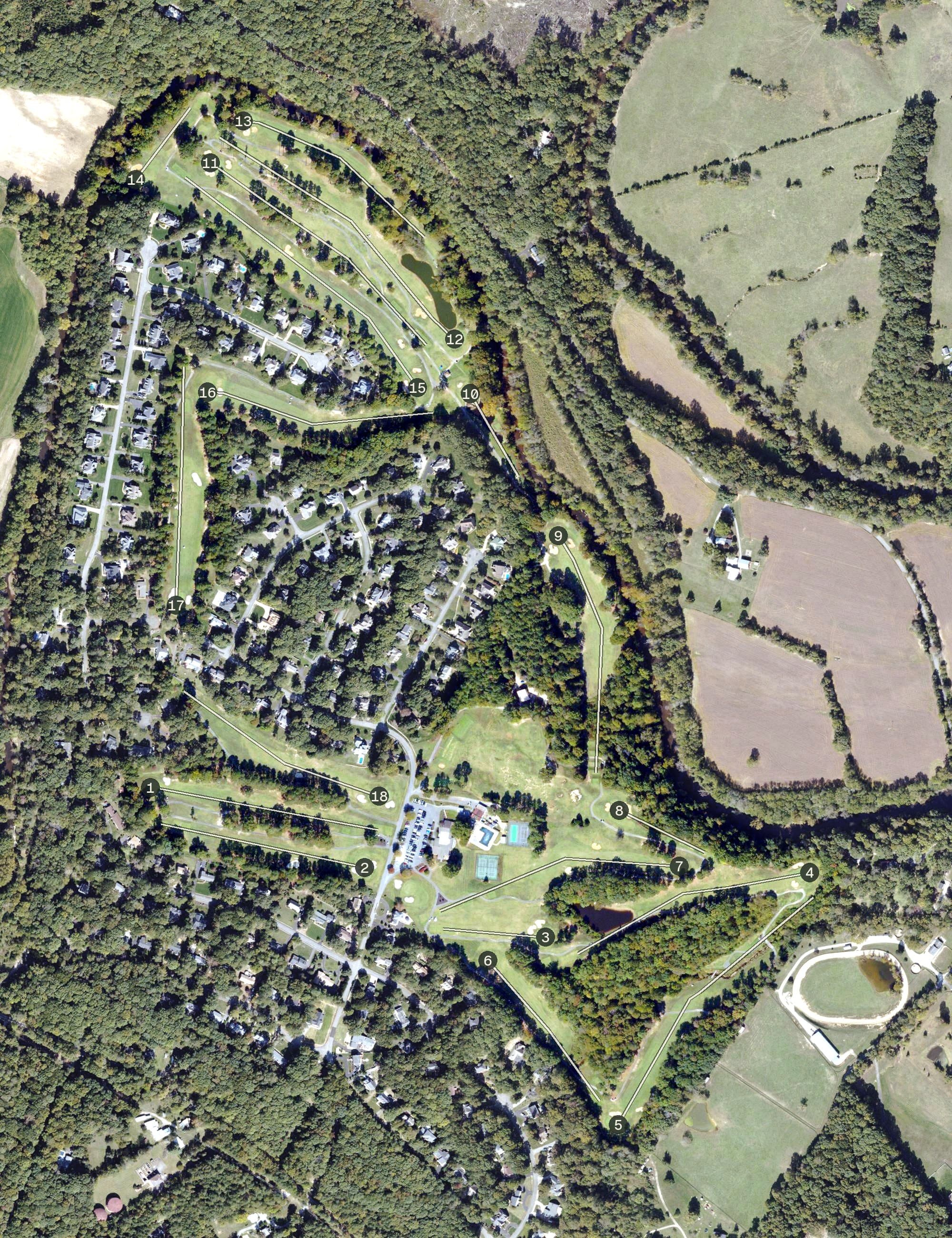Aerial view of Hanover Golf Club, VA, with its hole routing marked