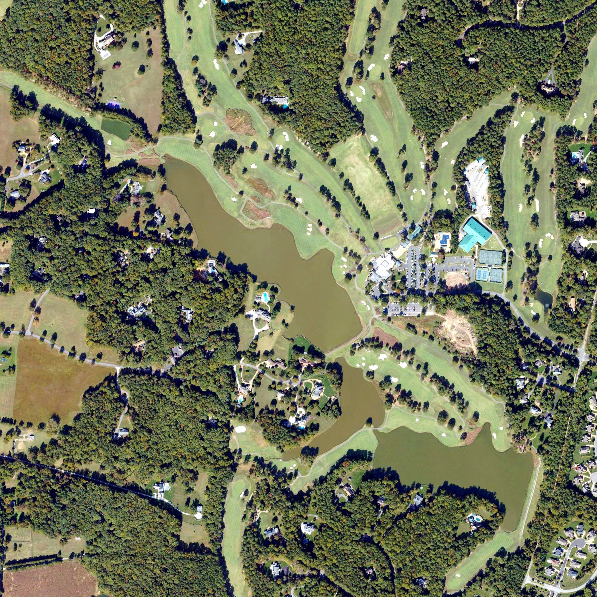 Aerial view of Hermitage Country Club, VA, with its hole routing marked