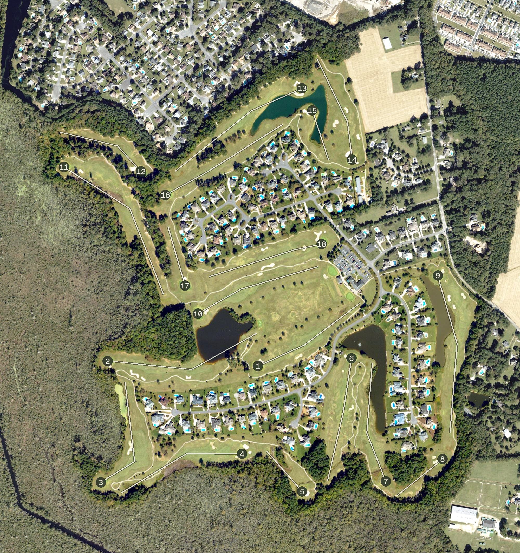 Aerial view of Heron Ridge Golf Club, VA, with its hole routing marked