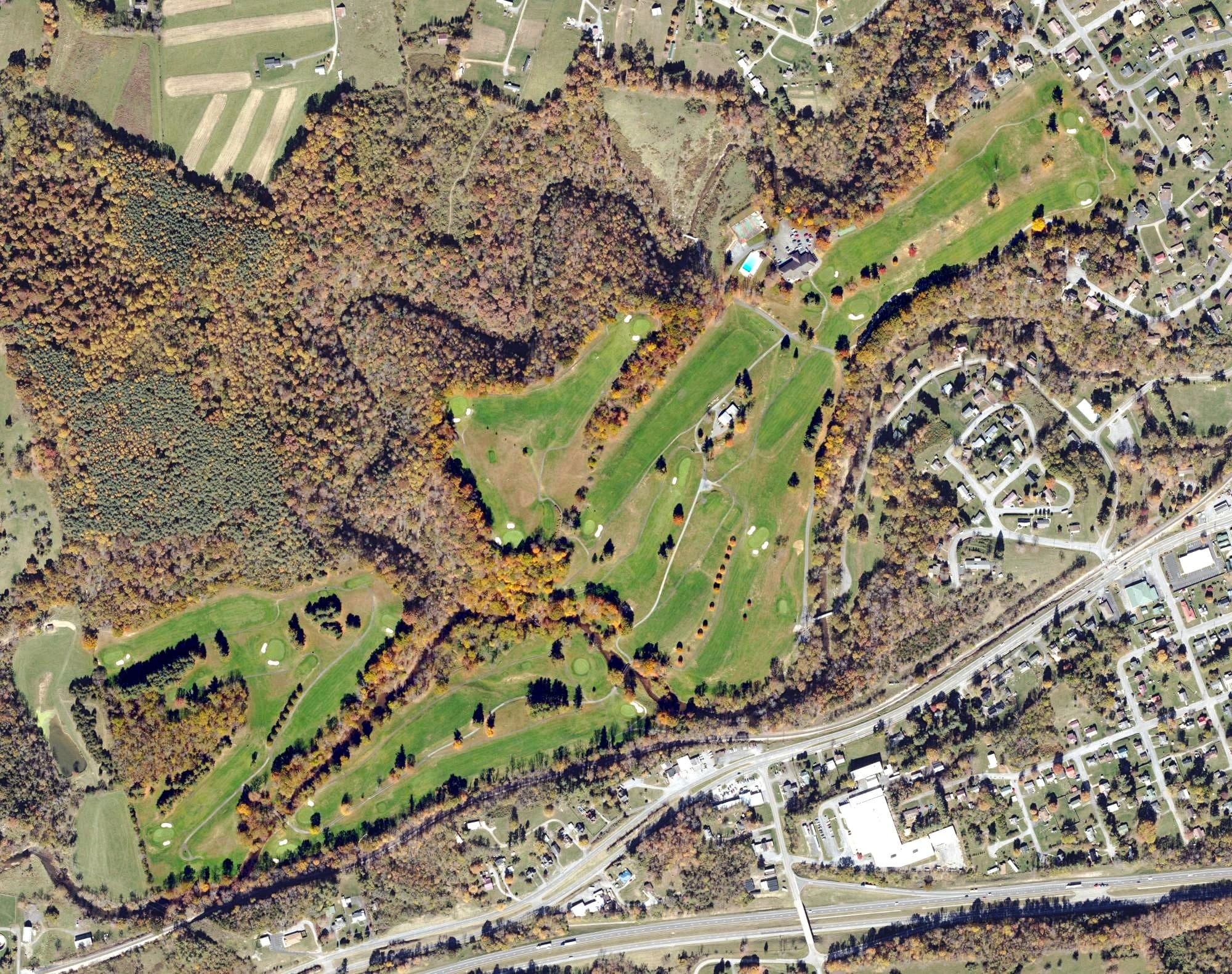 Aerial view of Holston Hills Community Golf Course, VA, with its hole routing marked