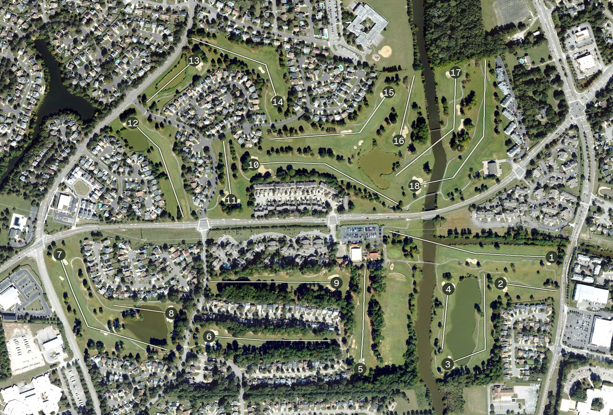 Aerial view of Honey Bee Golf Club, VA, with its hole routing marked