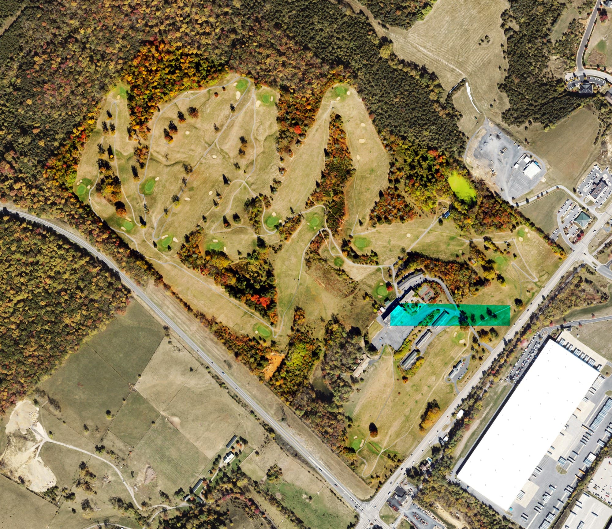 Aerial view of Ingleside Golf Resort and Conference Center, VA, with its hole routing marked