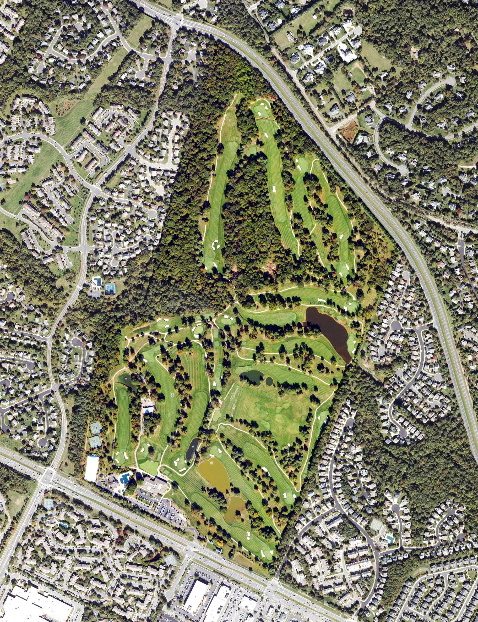 Aerial view of International Country Club, VA, with its hole routing marked