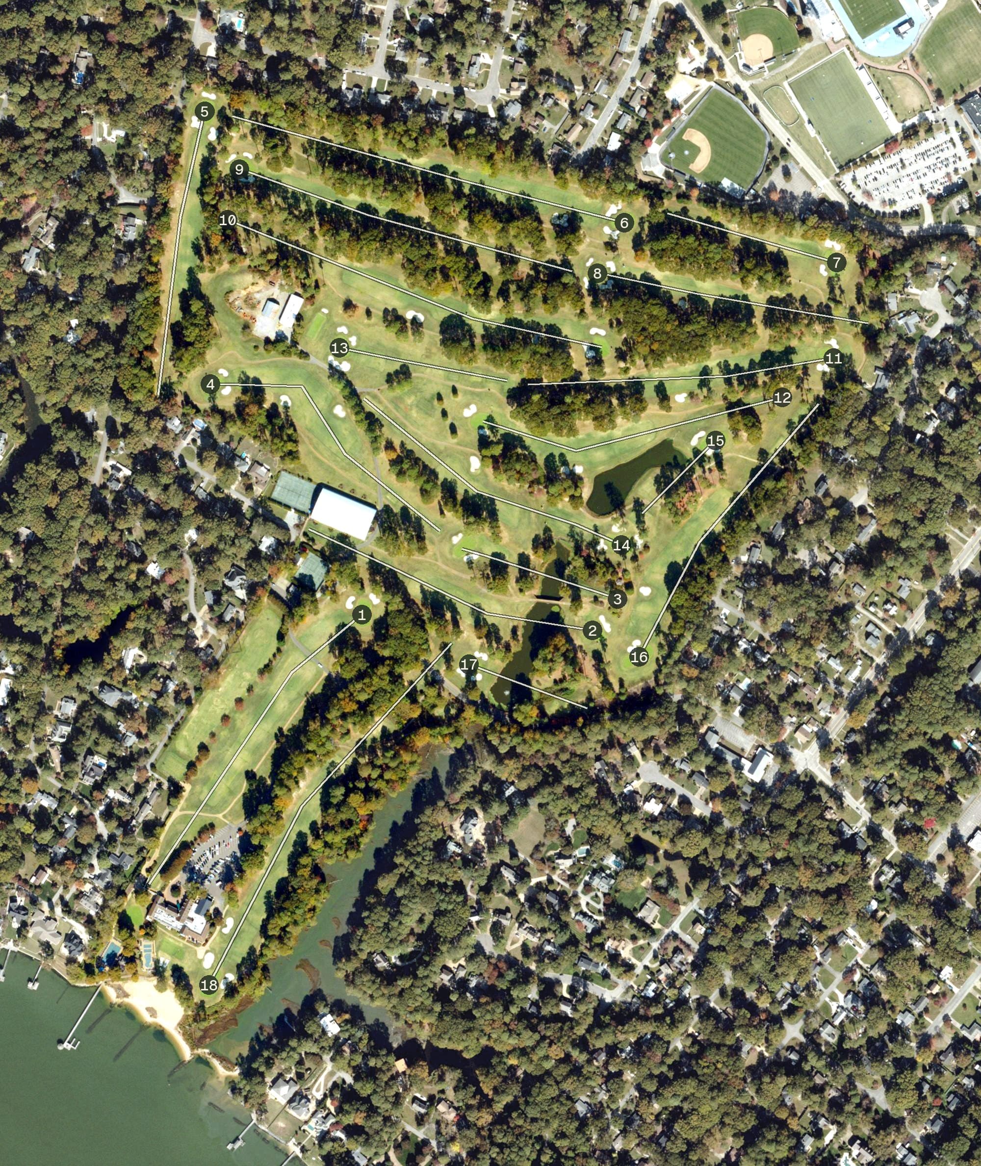 Aerial view of James River Country Club, VA, with its hole routing marked