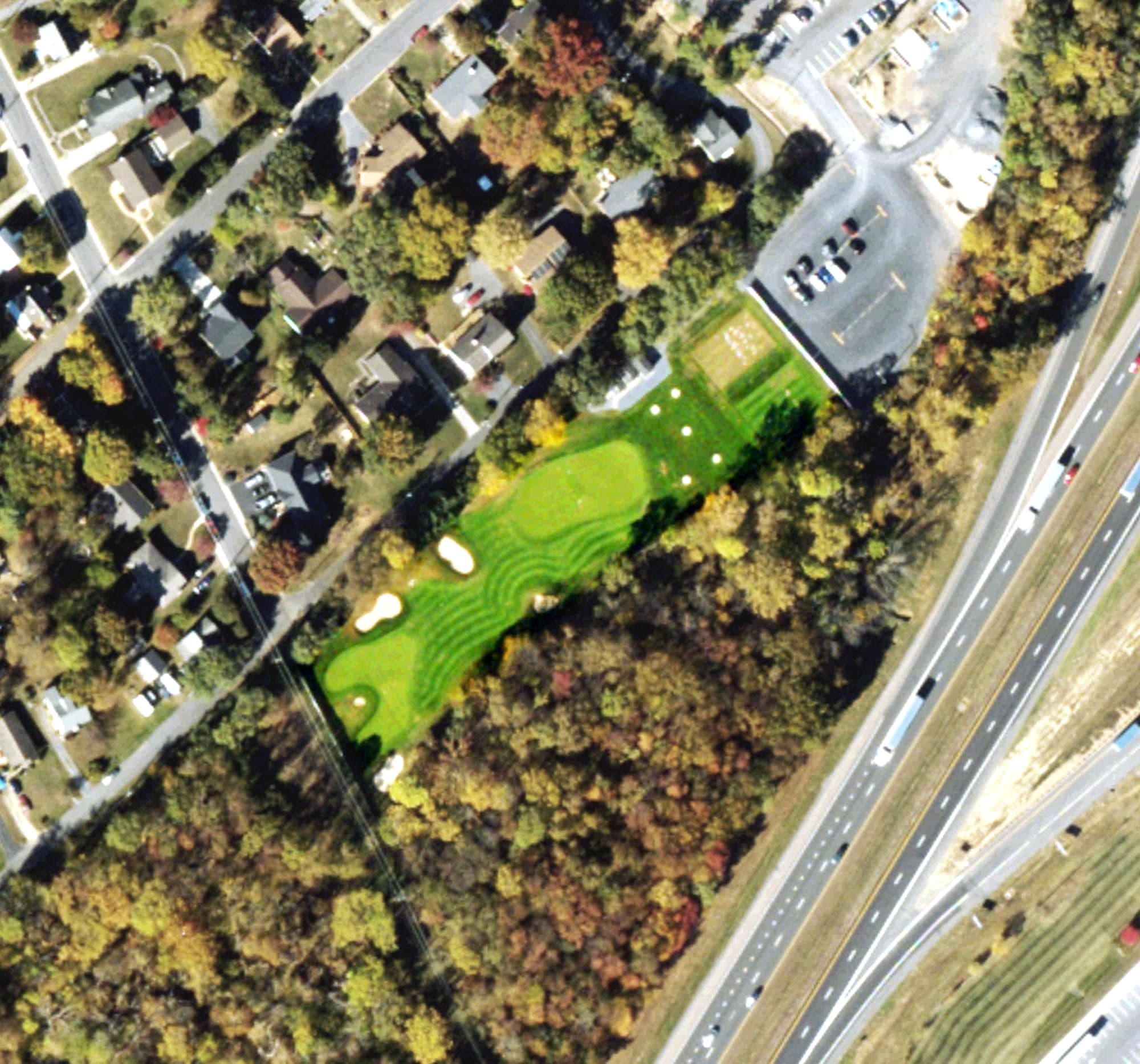 Aerial view of JMU Practice Golf, VA, with its hole routing marked