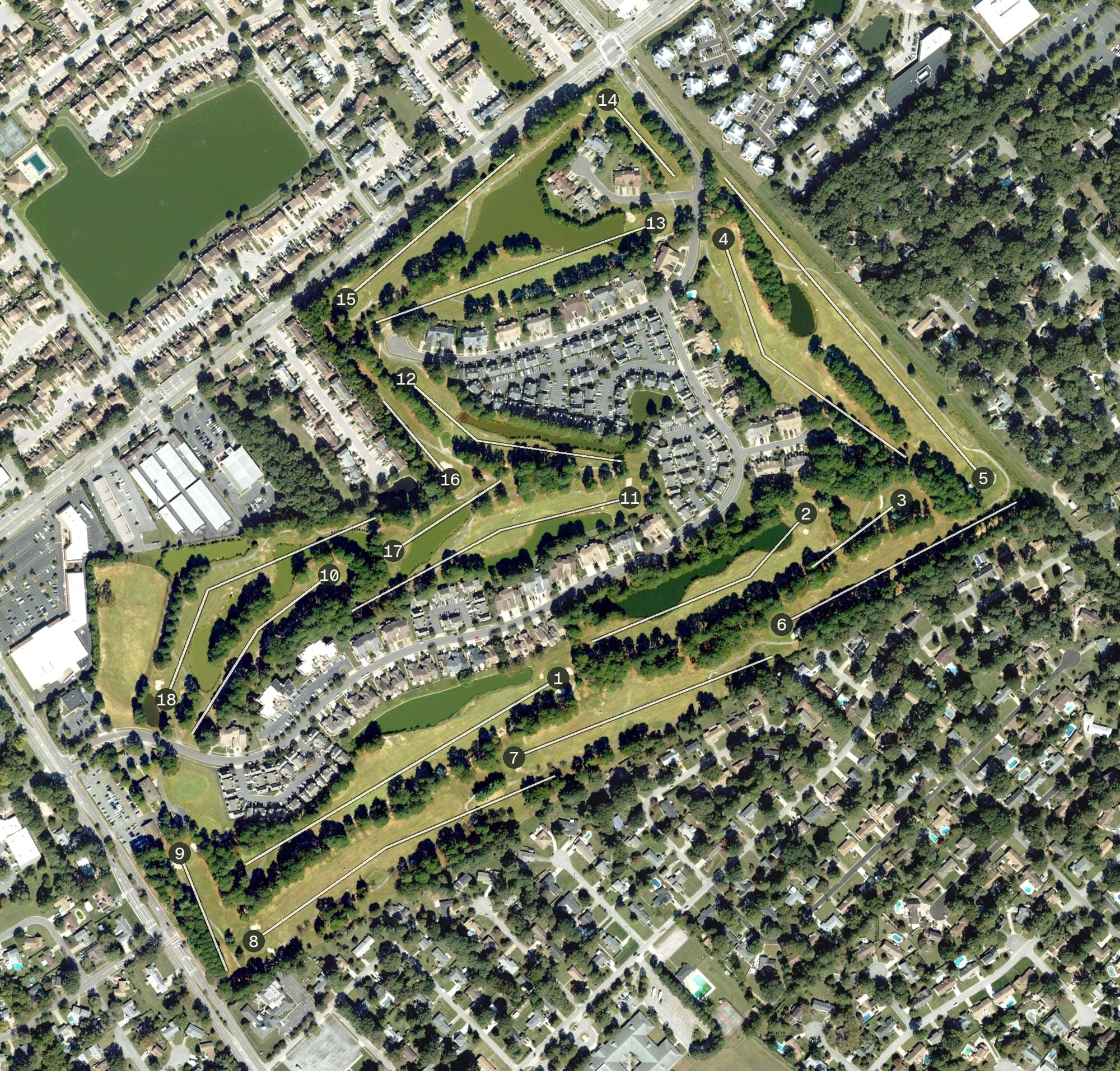 Aerial view of Kempsville Greens Golf Course, VA, with its hole routing marked