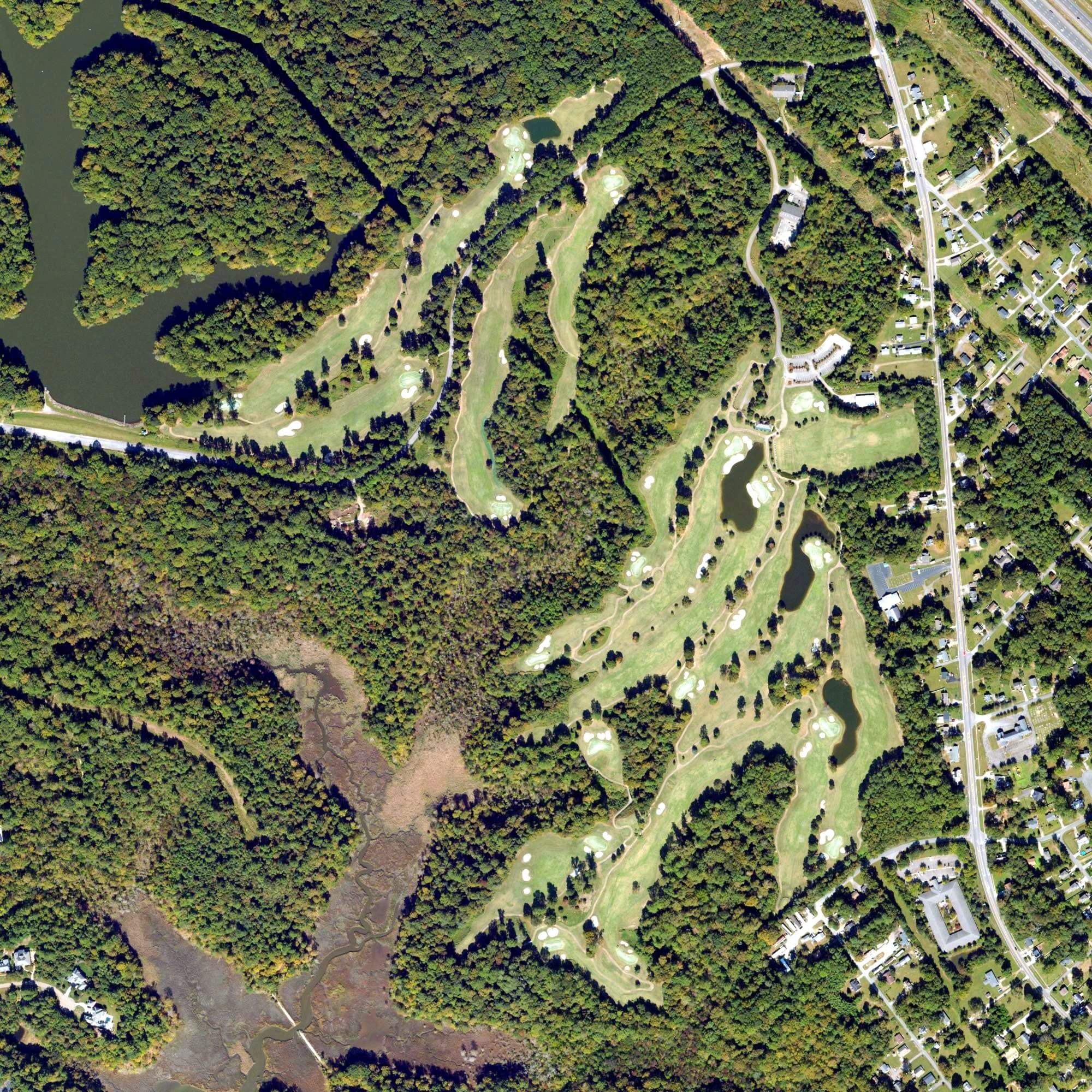 Aerial view of Kingsmill Resort: The Woods Course, VA, with its hole routing marked