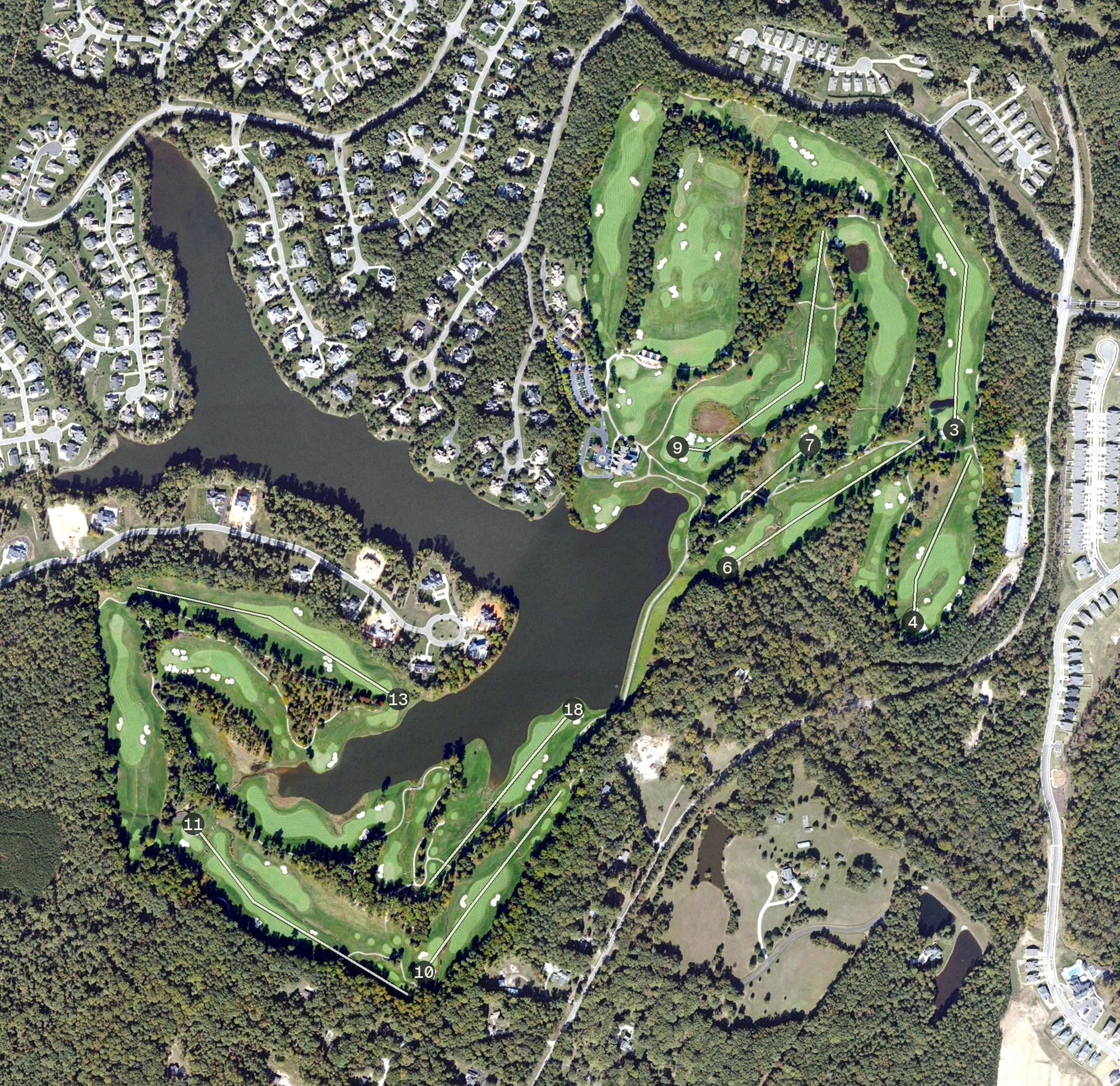 Aerial view of Kinloch Golf Club, VA, with its hole routing marked