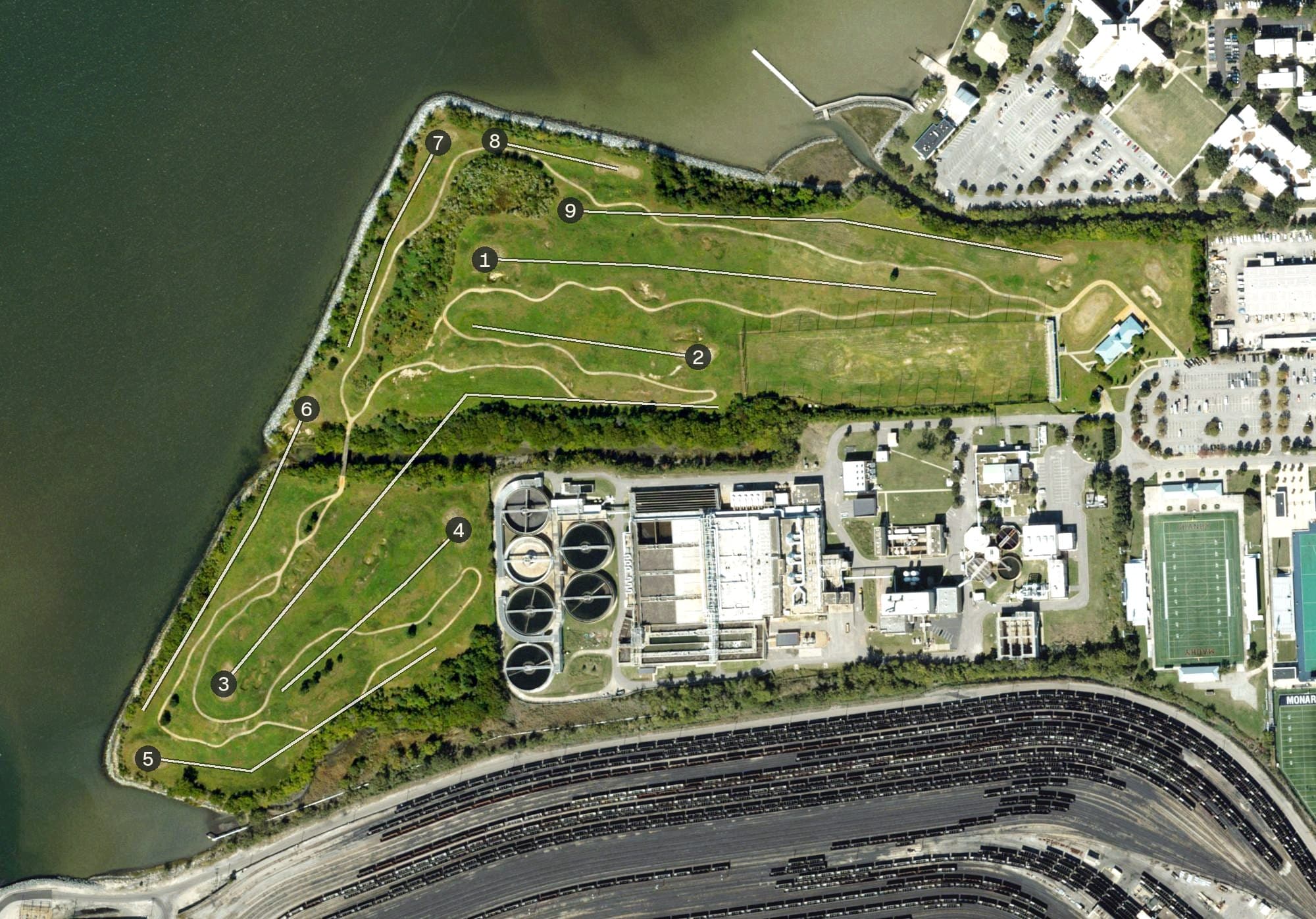 Aerial view of Lambert's Point Golf Course, VA, with its hole routing marked