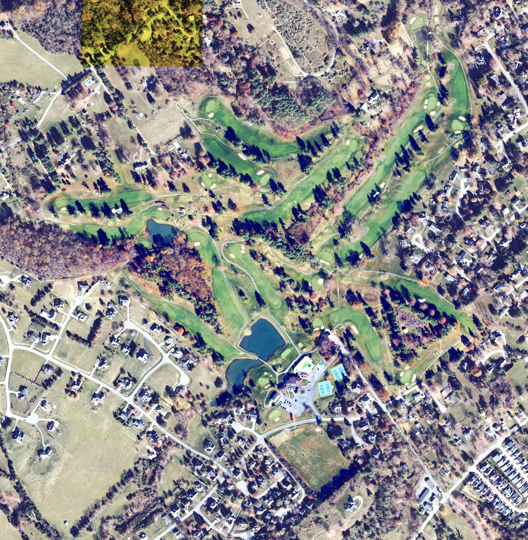 Aerial view of Lexington Golf and Country Club, VA, with its hole routing marked