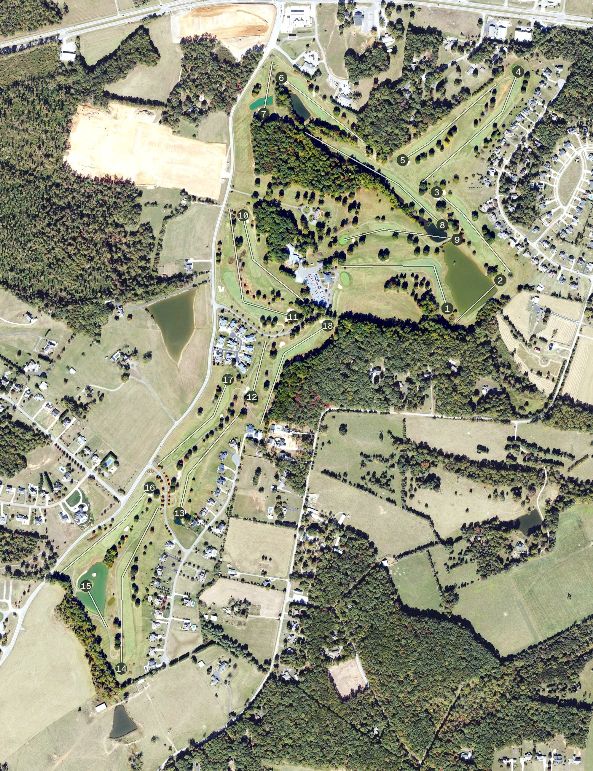 Aerial view of London Downs Golf Club, VA, with its hole routing marked