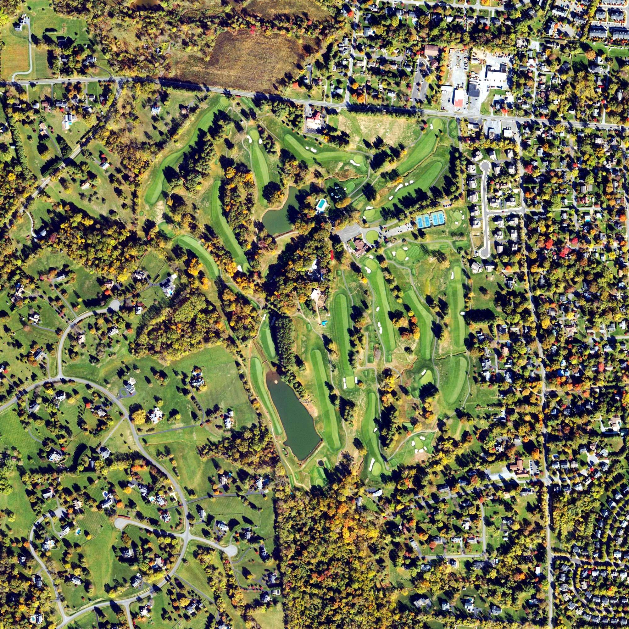 Aerial view of Loudoun Golf and Country Club, VA, with its hole routing marked