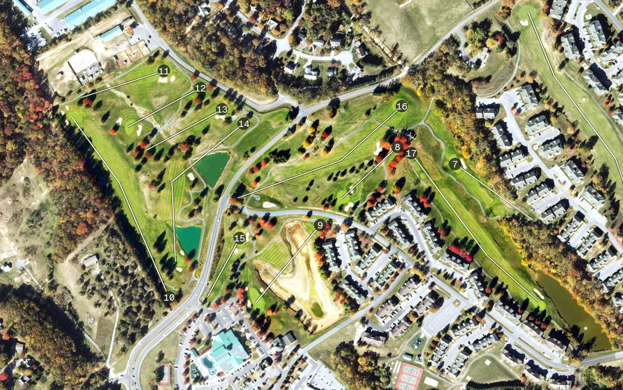 Aerial view of Massanutten Resort Golf Club, VA, with its hole routing marked