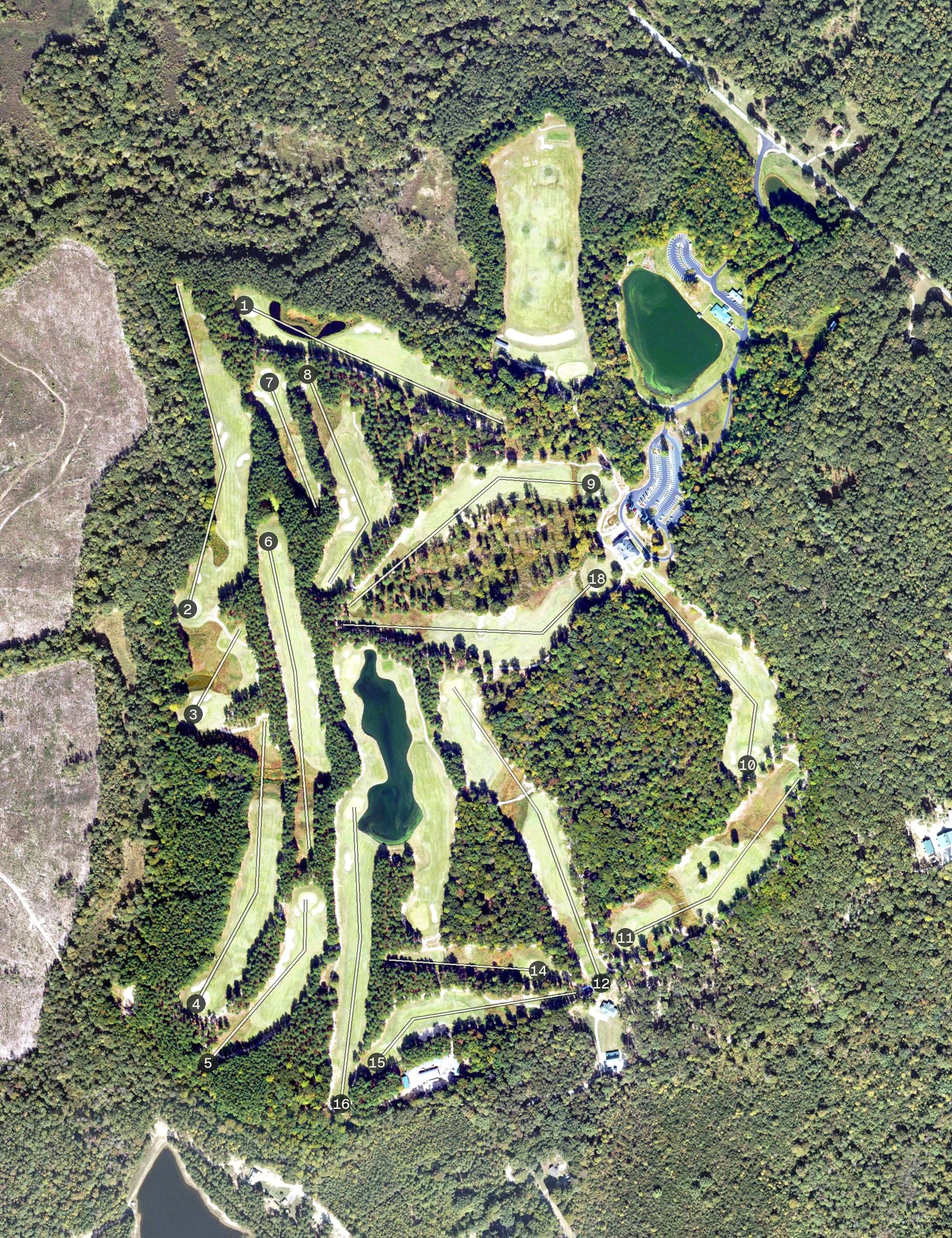 Aerial view of Mattaponi Springs Golf Club, VA, with its hole routing marked