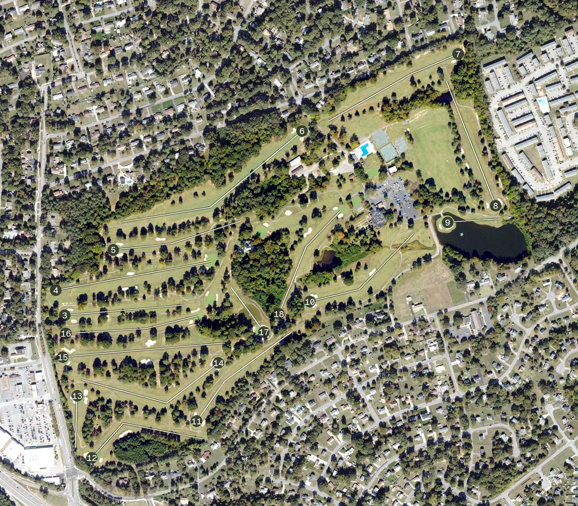 Aerial view of Meadowbrook Country Club, VA, with its hole routing marked
