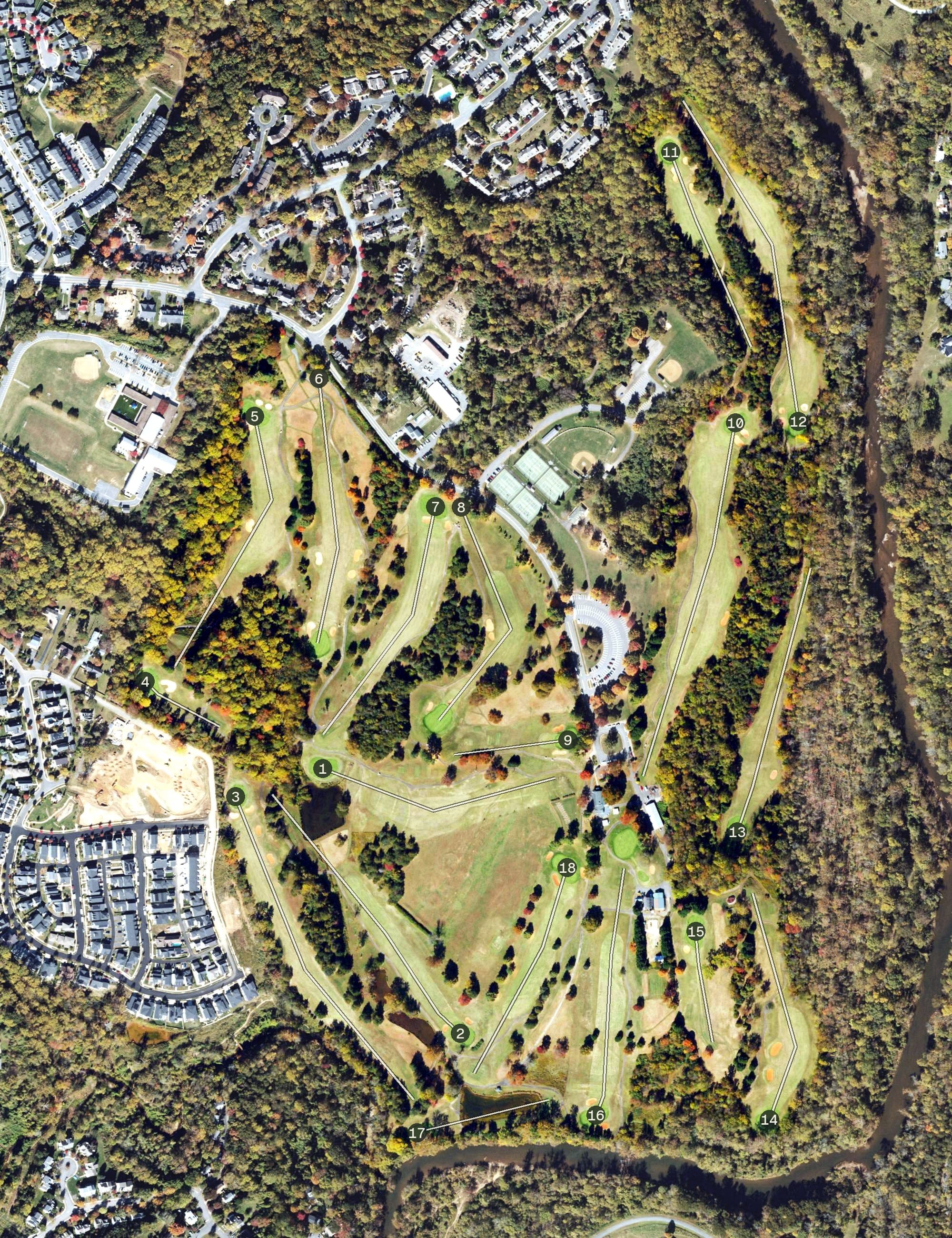 Aerial view of Meadowcreek Golf Course, VA, with its hole routing marked