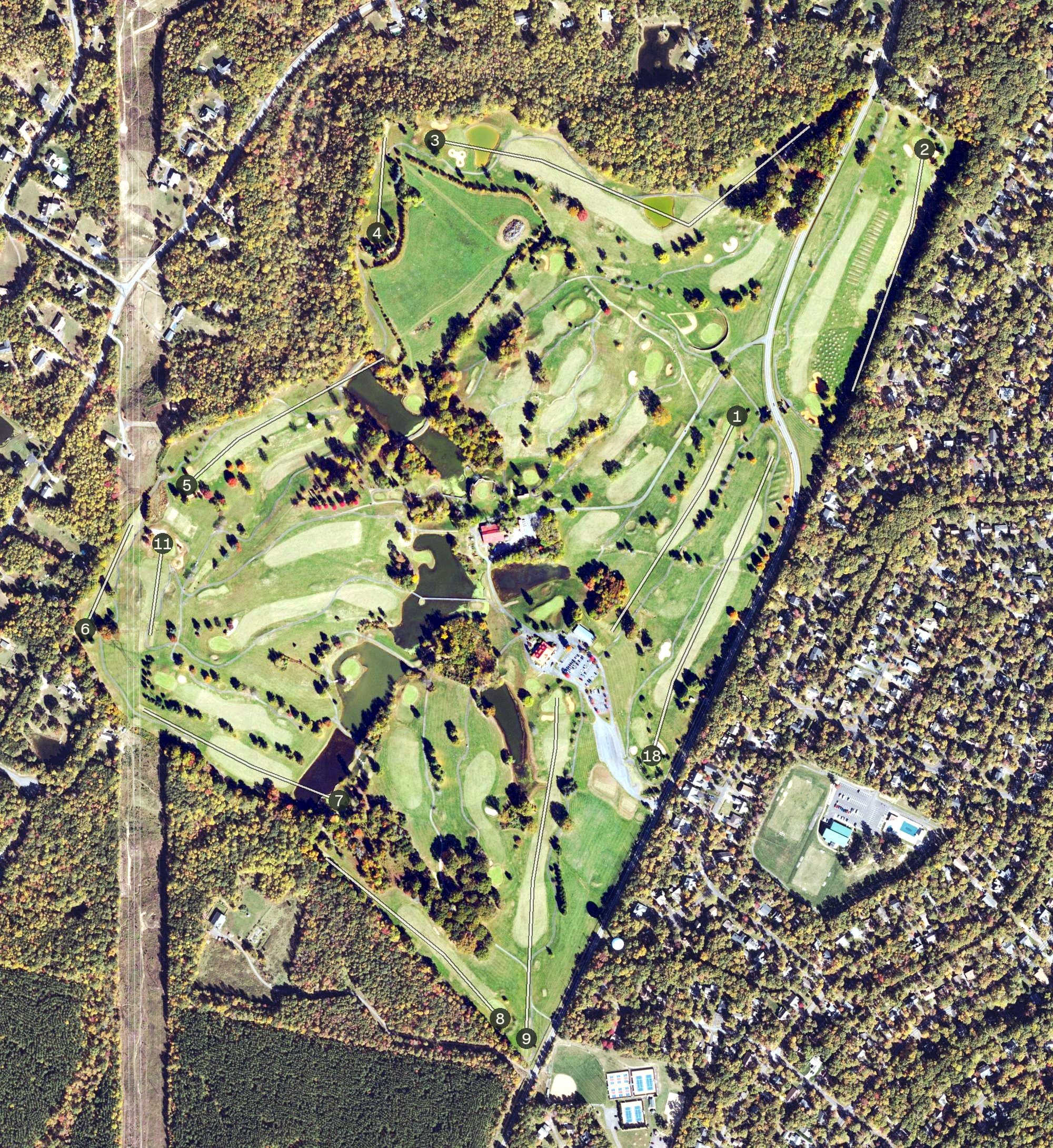Aerial view of Meadows Farms Golf Course, VA, with its hole routing marked