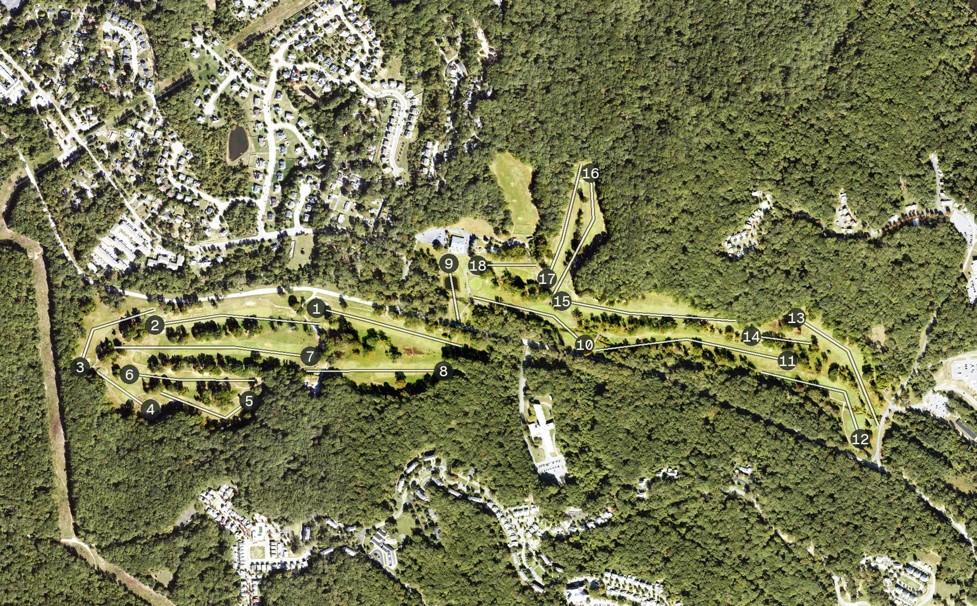 Aerial view of Medal of Honour Golf Course, VA, with its hole routing marked