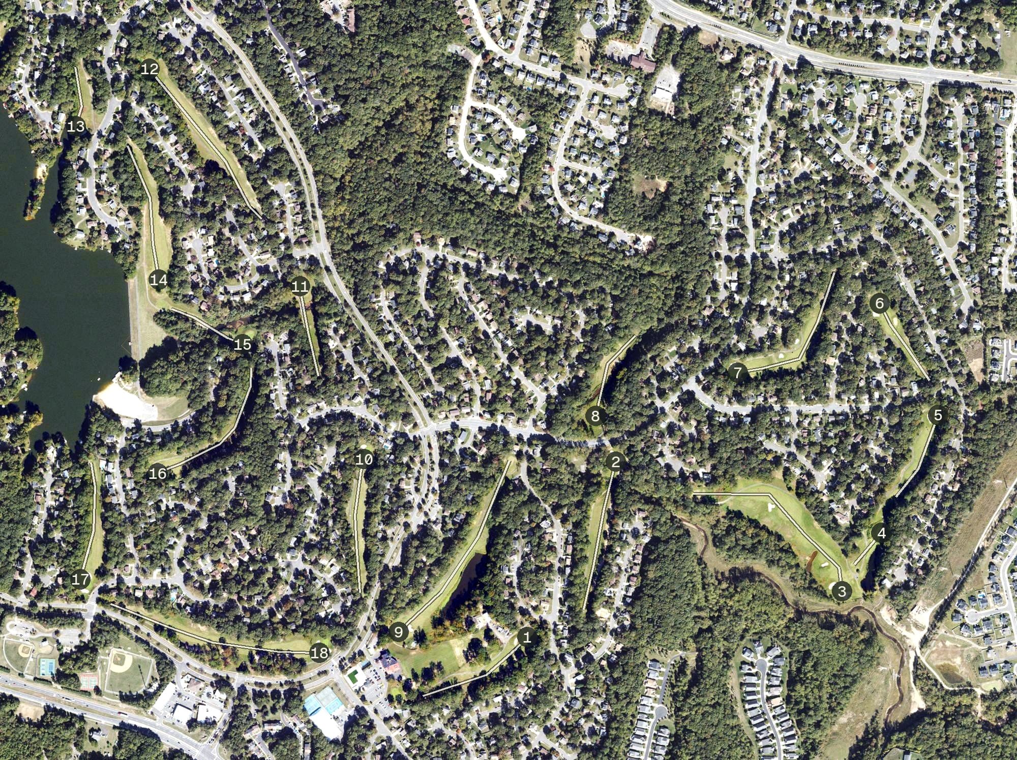 Aerial view of Montclair Country Club, VA, with its hole routing marked