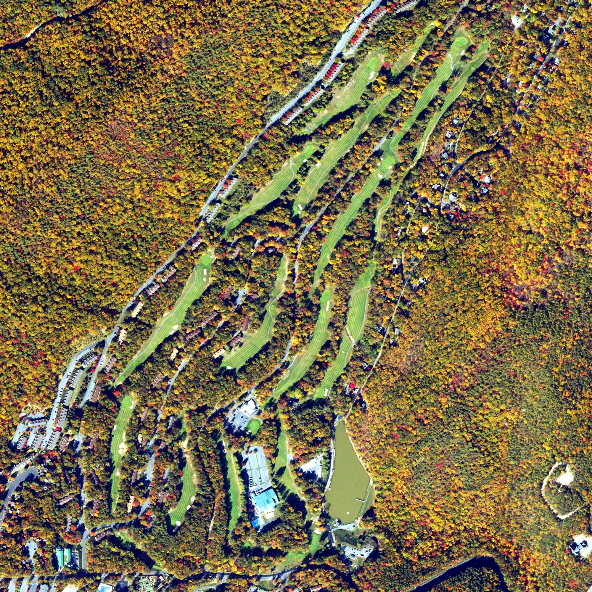 Aerial view of Mountain Greens Golf Course, VA, with its hole routing marked