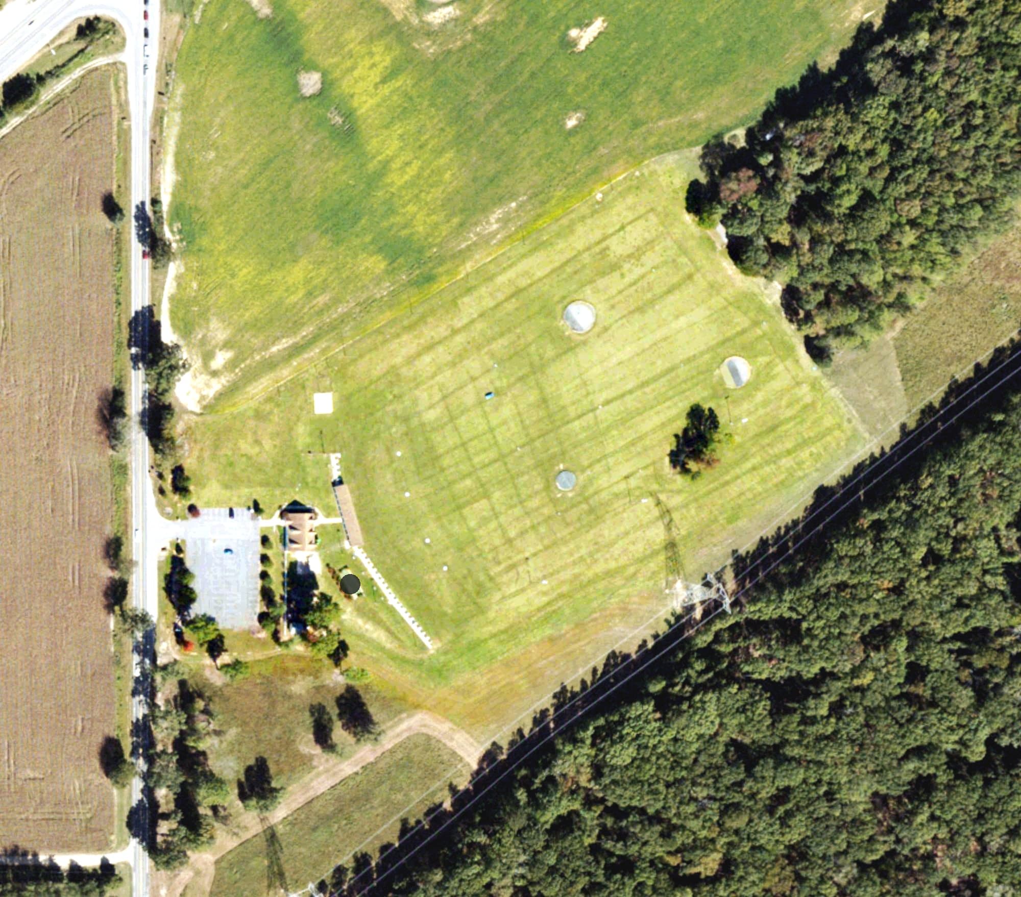 Aerial view of New Post Golf Driving Range, VA, with its hole routing marked