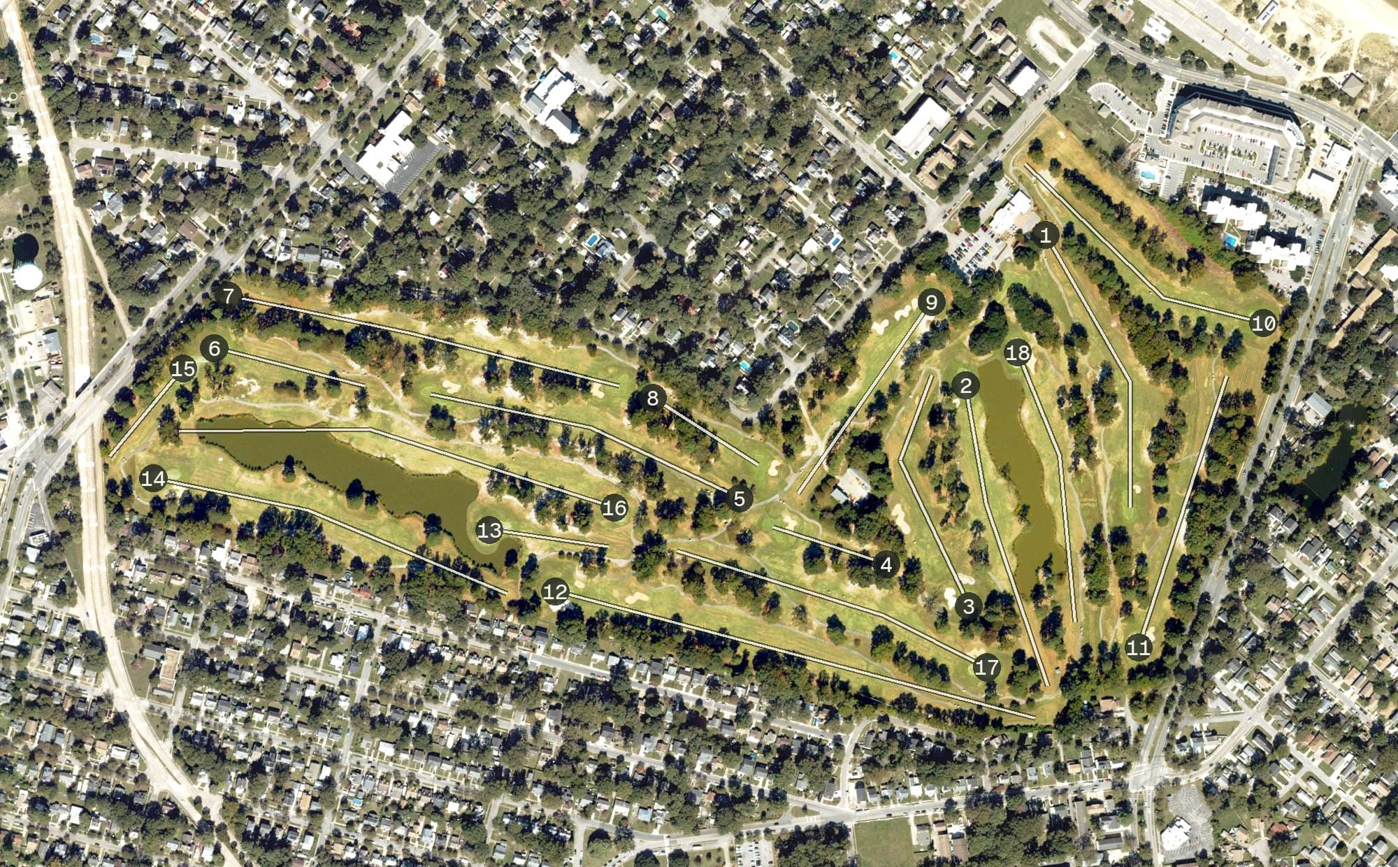 Aerial view of Ocean View Golf Course, VA, with its hole routing marked