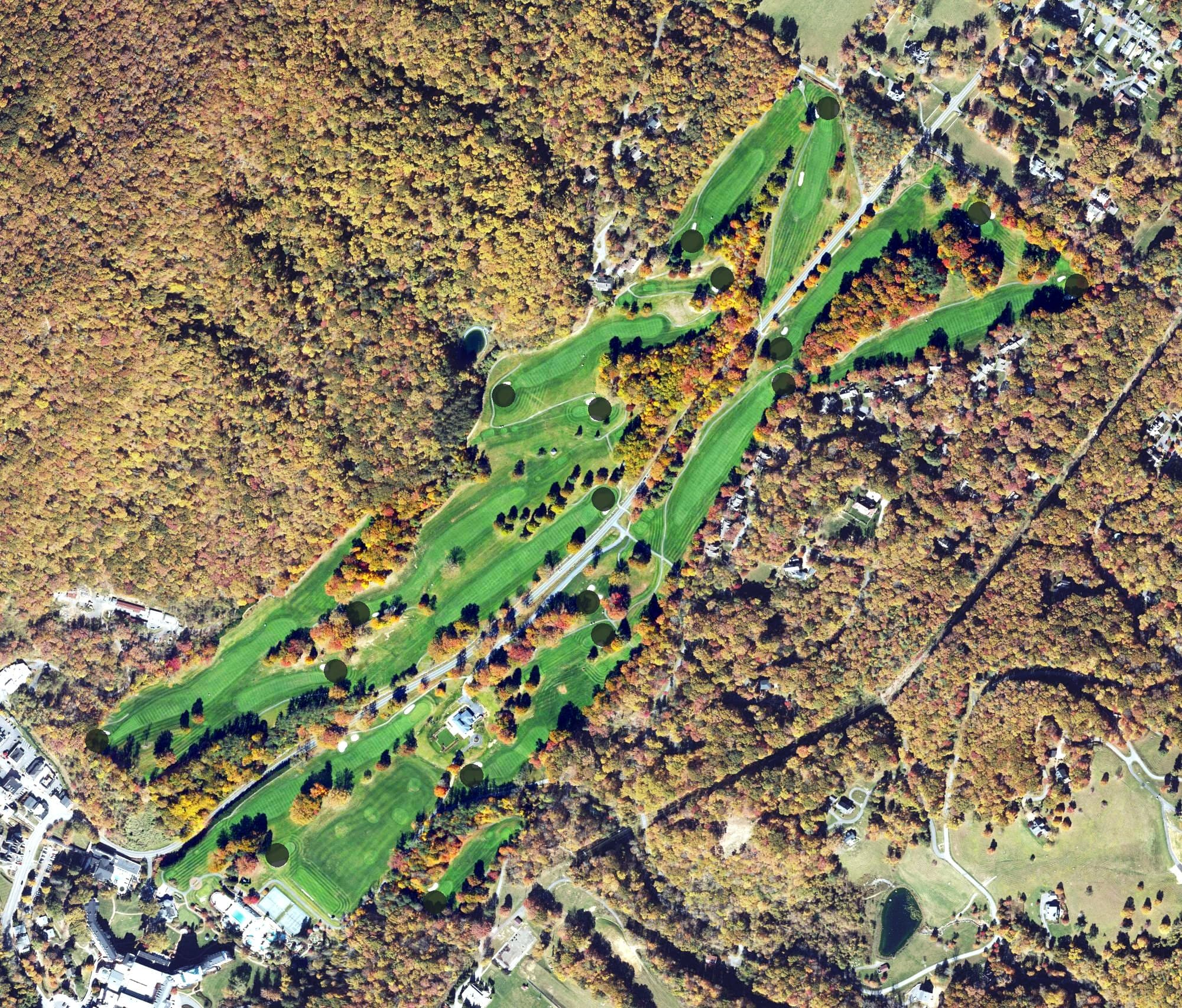 Aerial view of Old Course, VA, with its hole routing marked