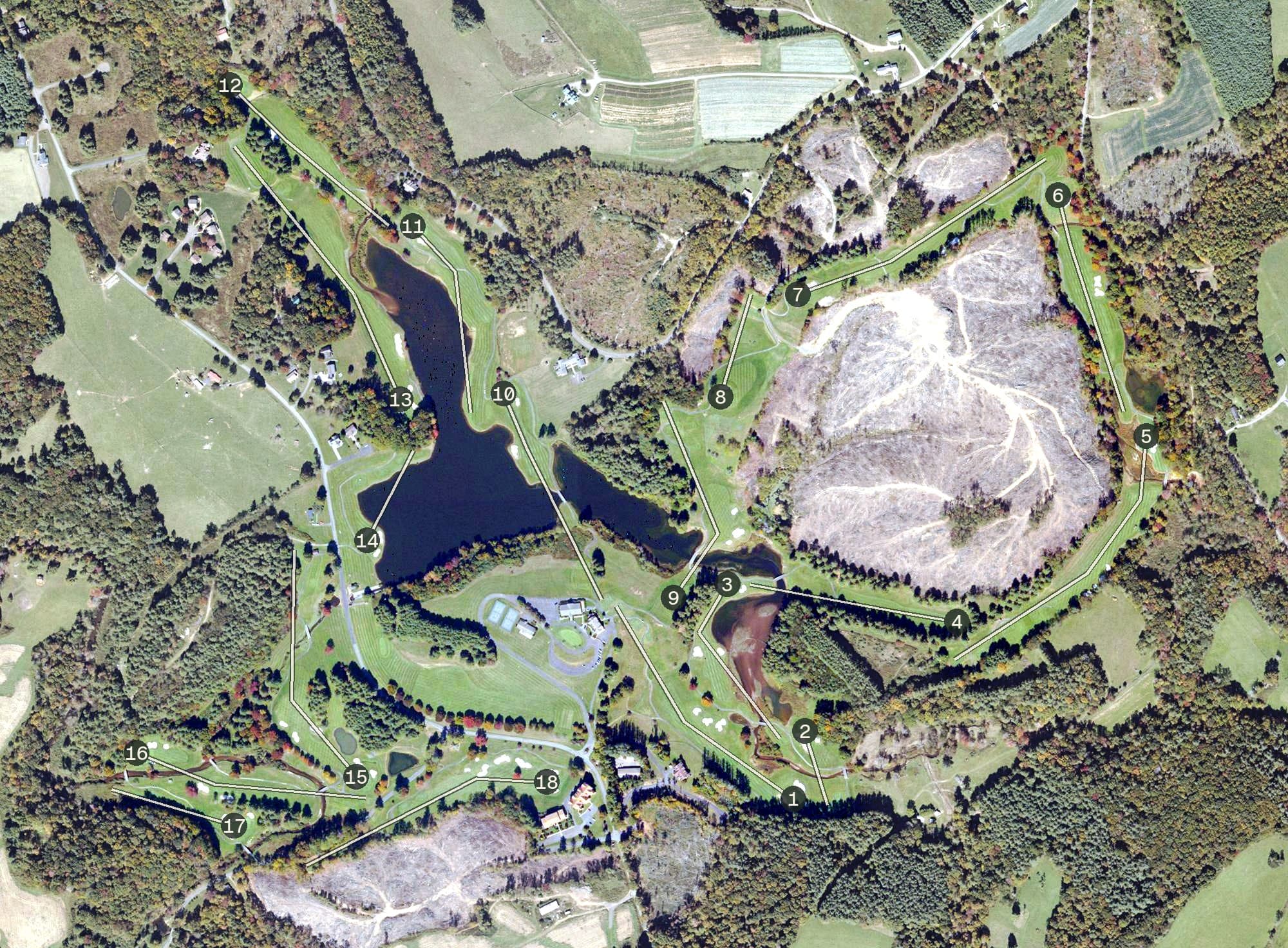 Aerial view of Olde Mill Resort, VA, with its hole routing marked