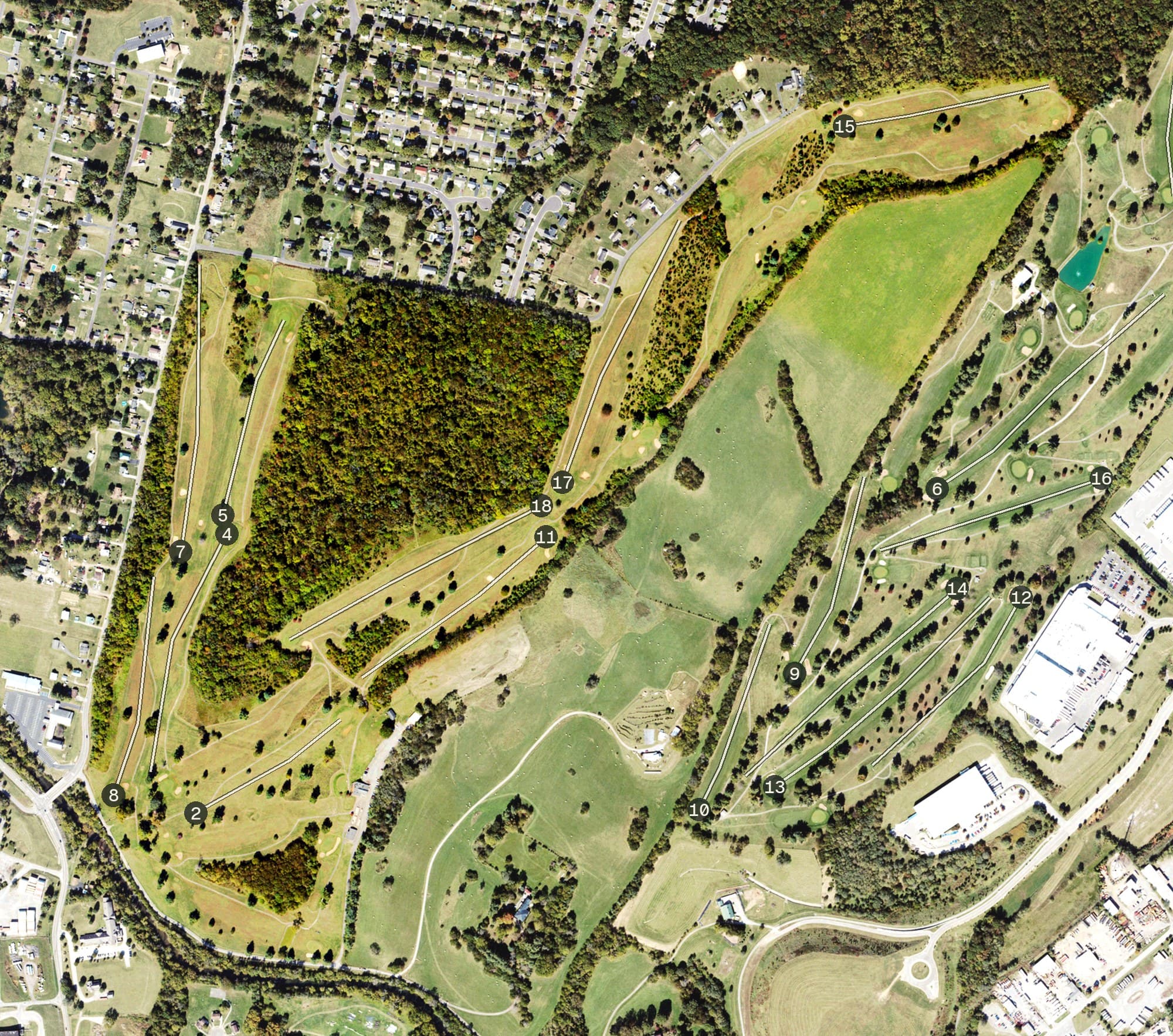 Aerial view of Ole Monterey Golf Club, VA, with its hole routing marked