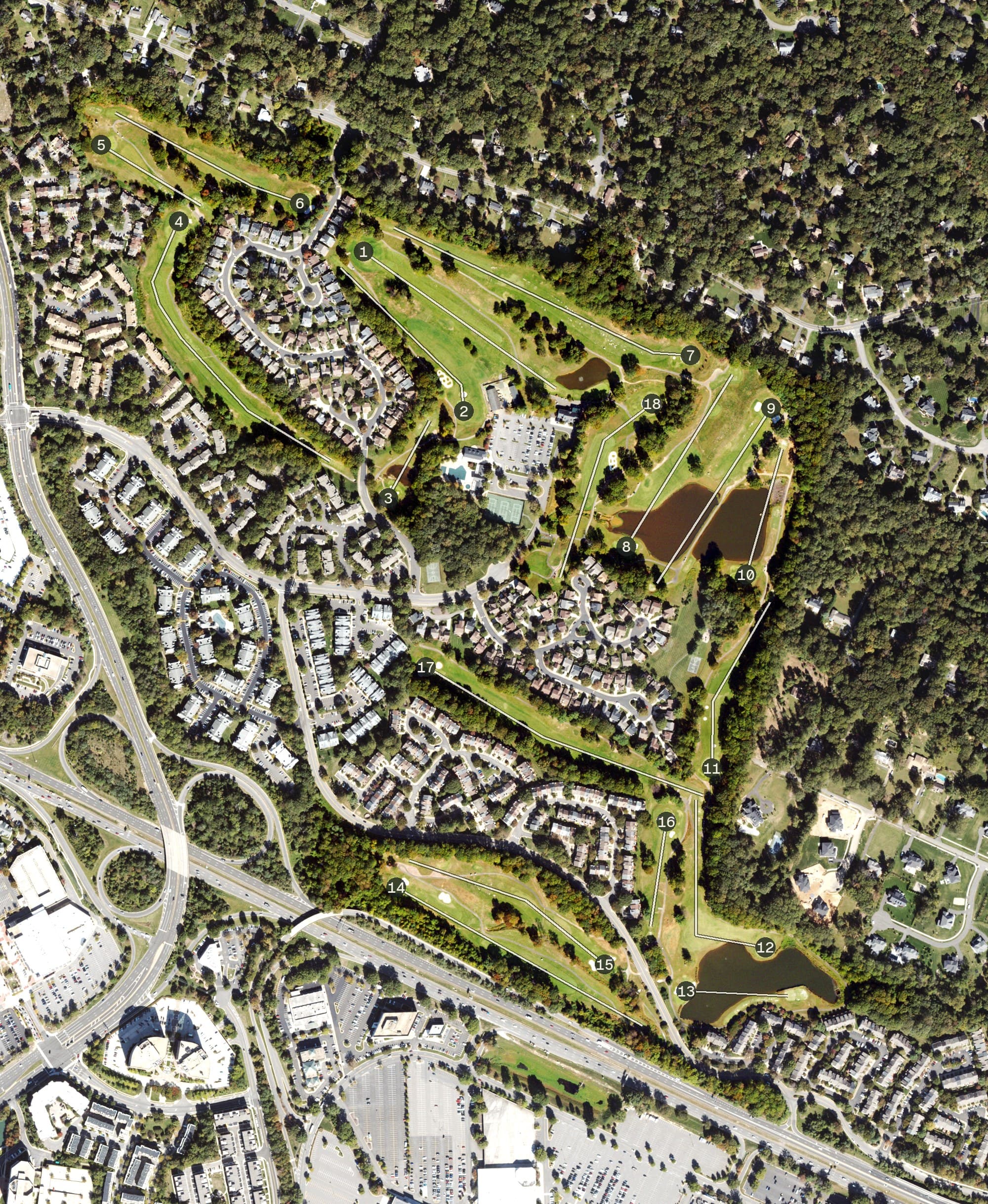 Aerial view of Penderbrook Golf Course, VA, with its hole routing marked