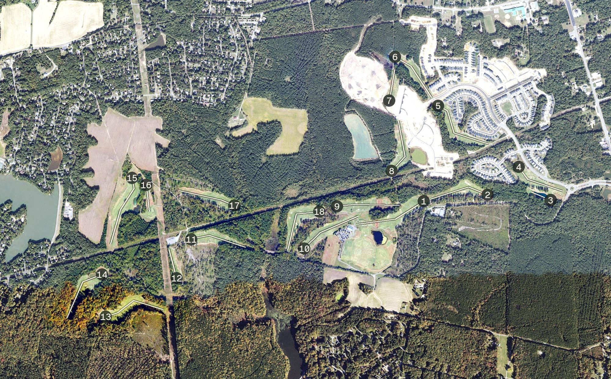 Aerial view of Pendleton Golf Club, VA, with its hole routing marked