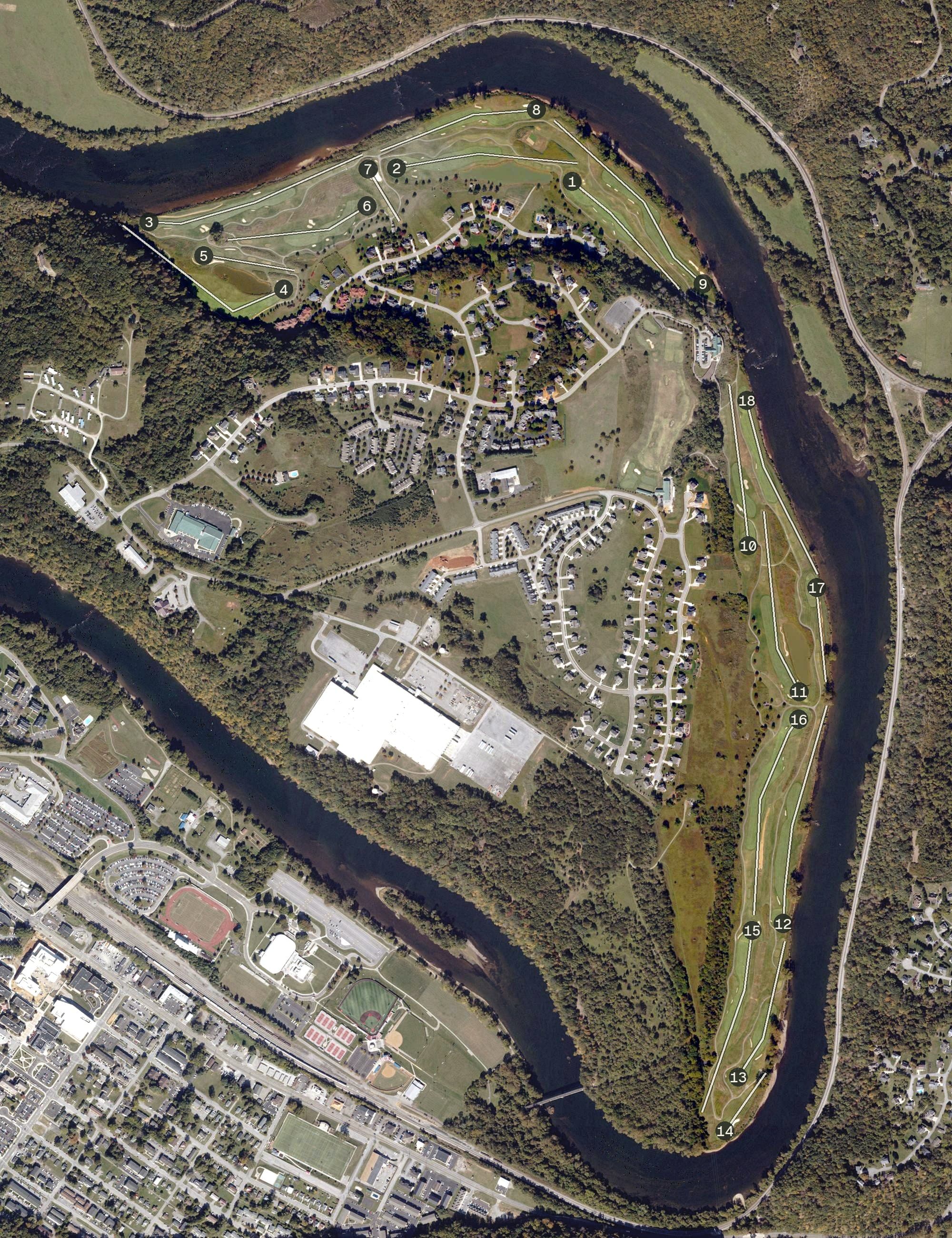 Aerial view of Pete Dye River Course of Virginia Tech, VA, with its hole routing marked