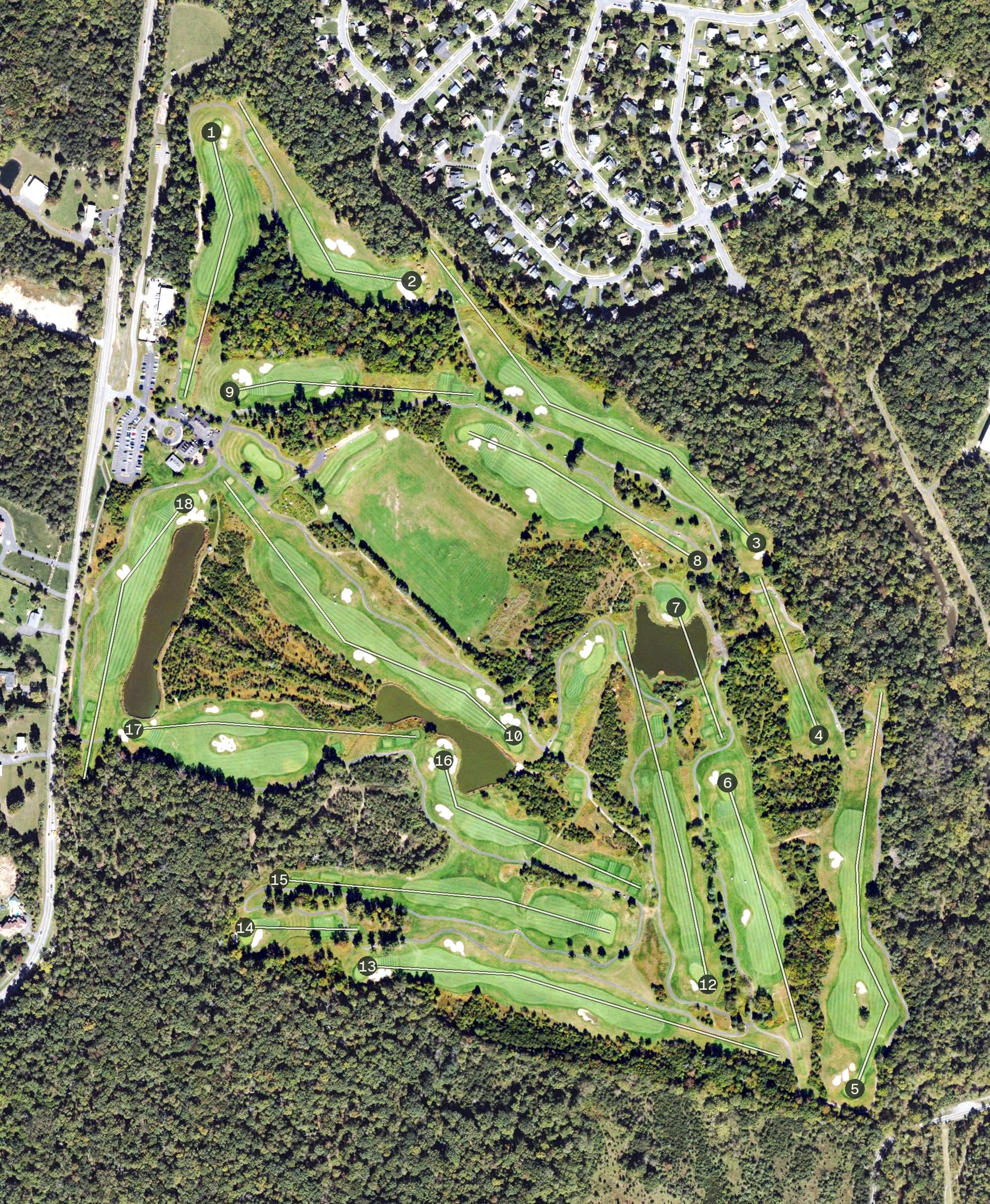 Aerial view of Pleasant Valley Golfers' Club, VA, with its hole routing marked