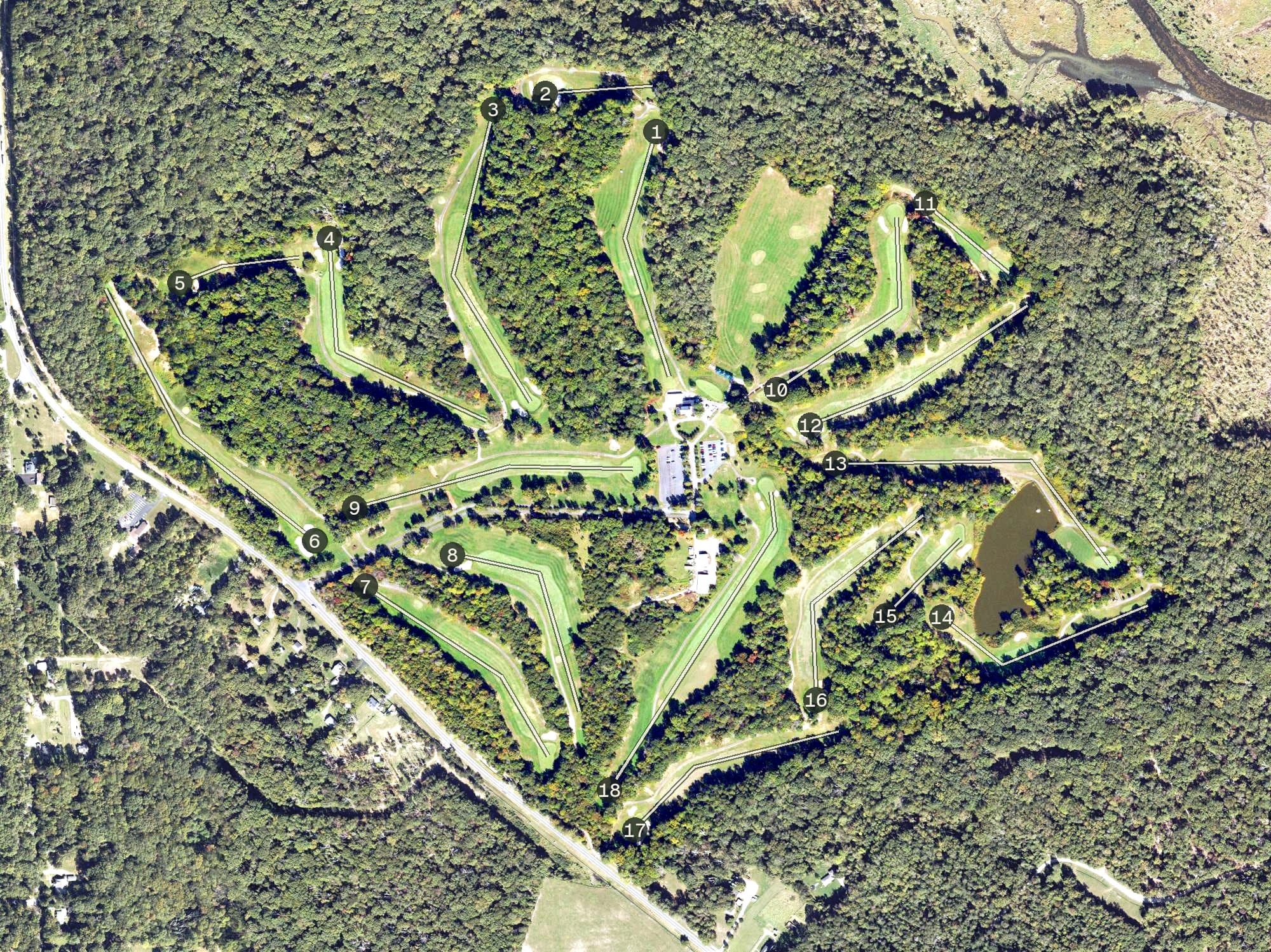 Aerial view of Pohick Bay Golf Course, VA, with its hole routing marked