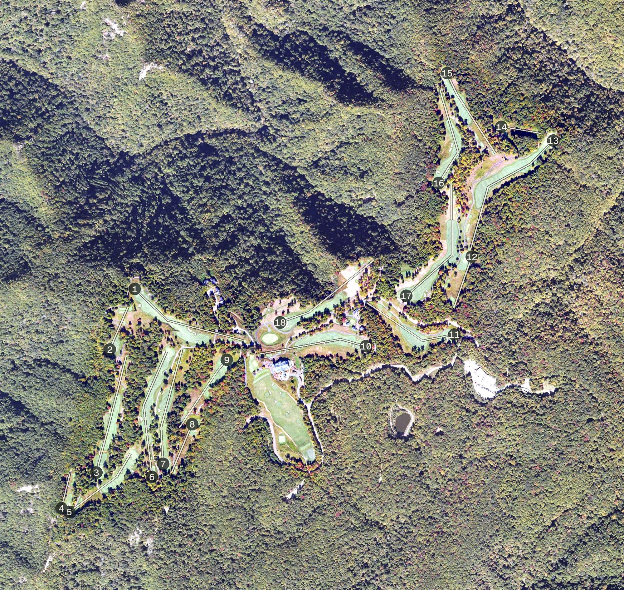 Aerial view of Primland Golf Resort, VA, with its hole routing marked
