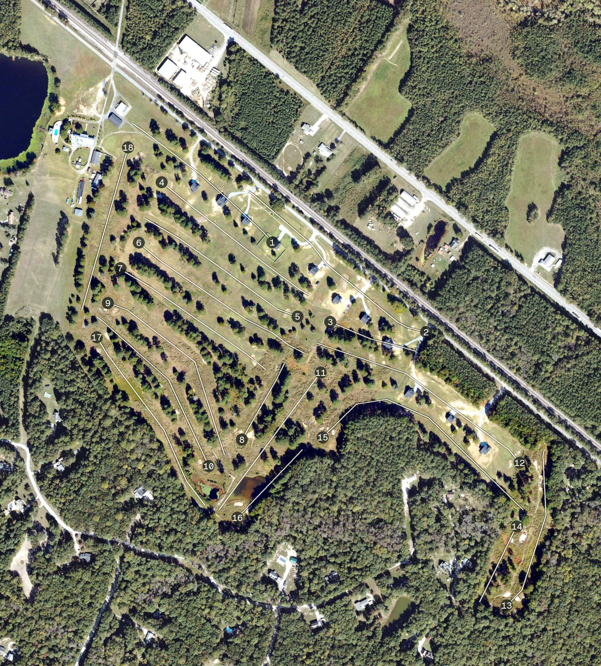 Aerial view of Prince George Golf Course, VA, with its hole routing marked