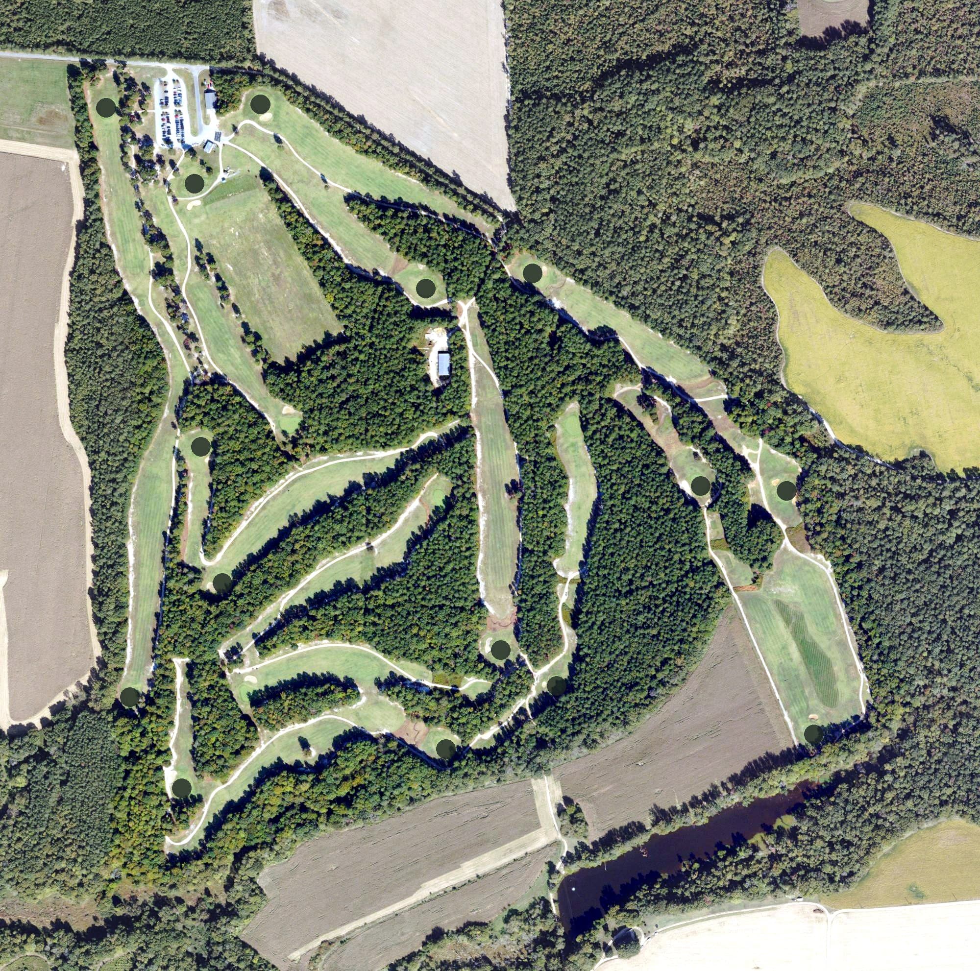 Aerial view of Queenfield Golf Club, VA, with its hole routing marked