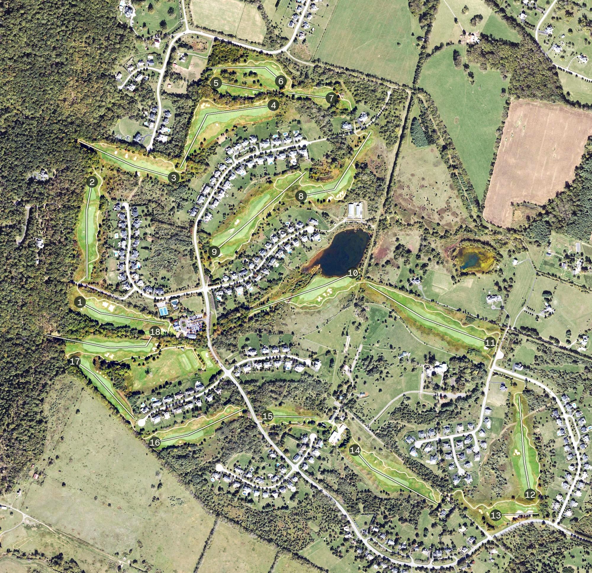 Aerial view of Rasberry Falls Golf Club, VA, with its hole routing marked
