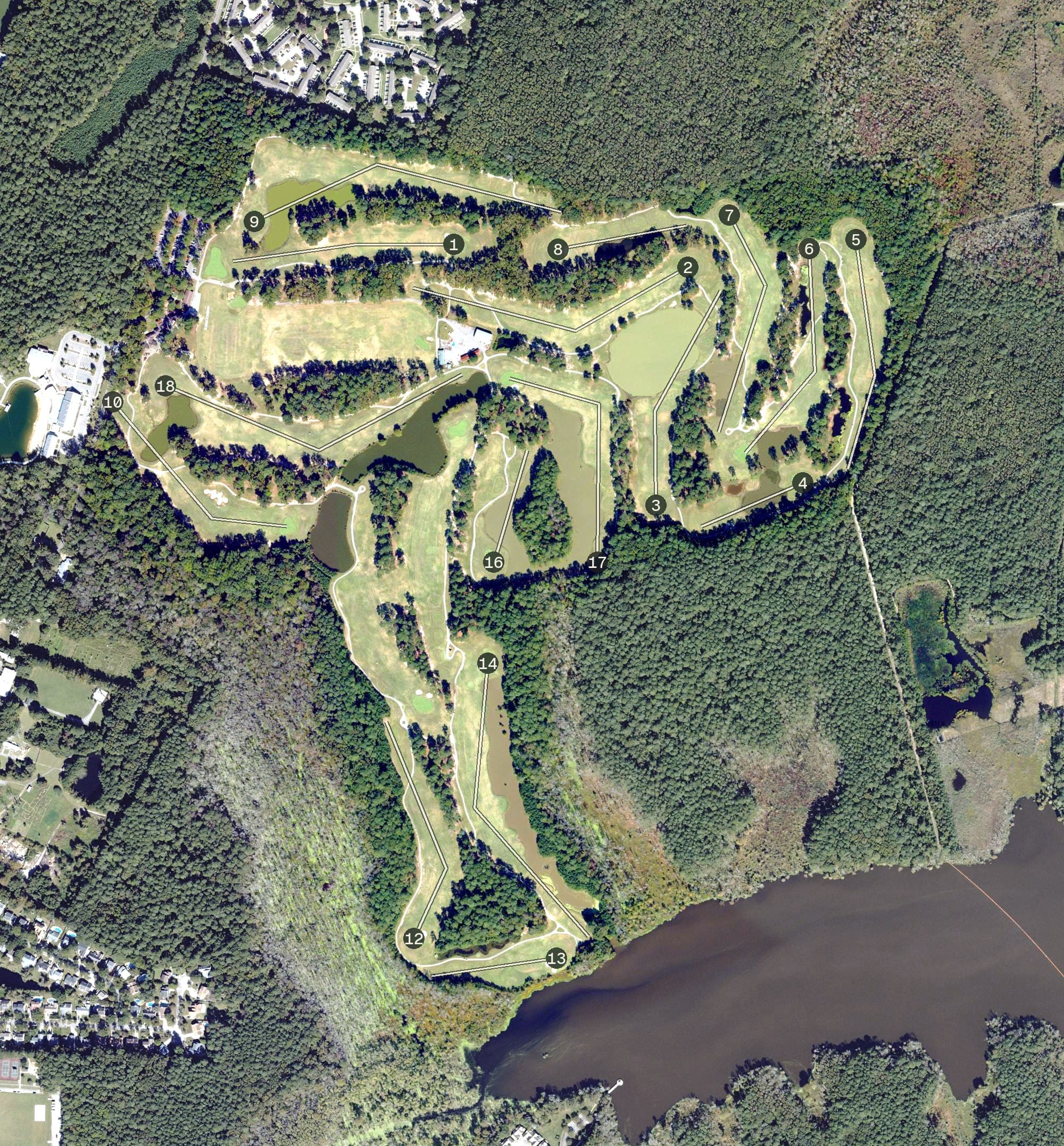 Aerial view of Red Wing Lake Golf Course, VA, with its hole routing marked