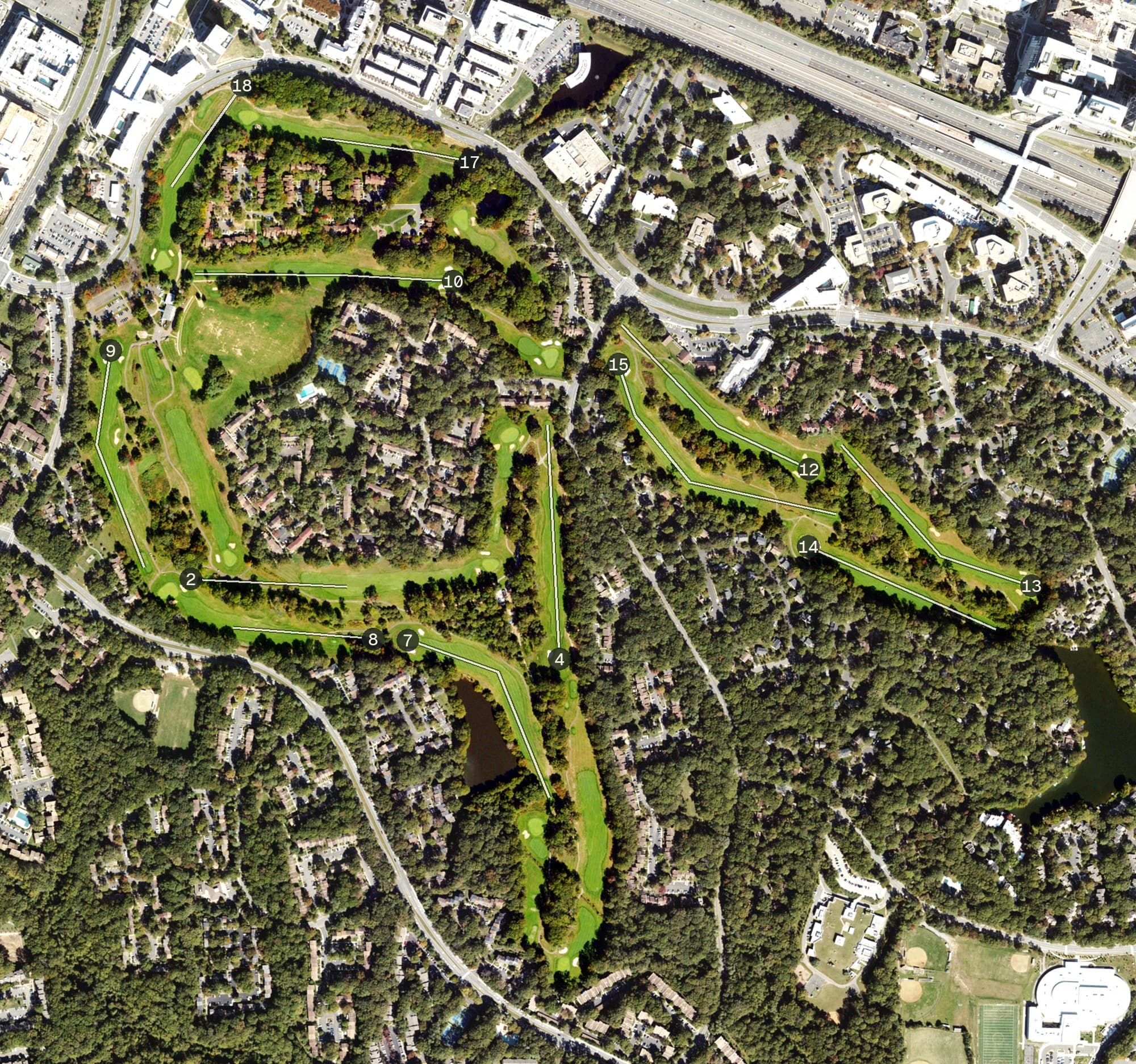 Aerial view of Reston National Golf Course, VA, with its hole routing marked